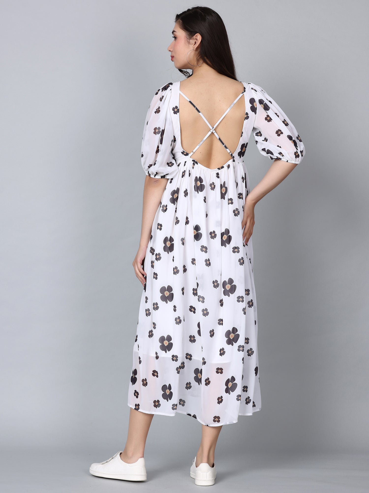 CK White Floral Print Puff Sleeves Long Dress