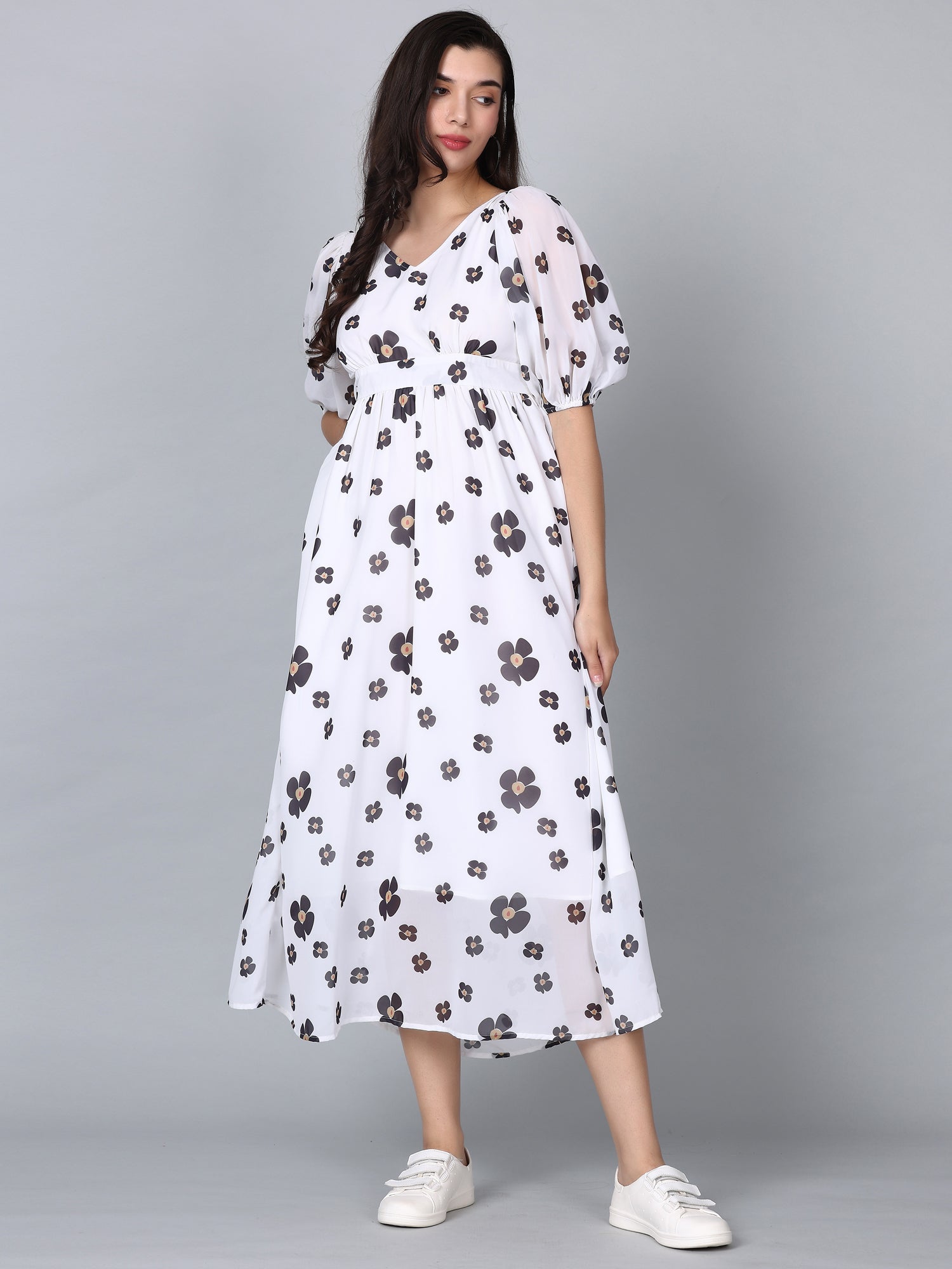 CK White Floral Print Puff Sleeves Long Dress