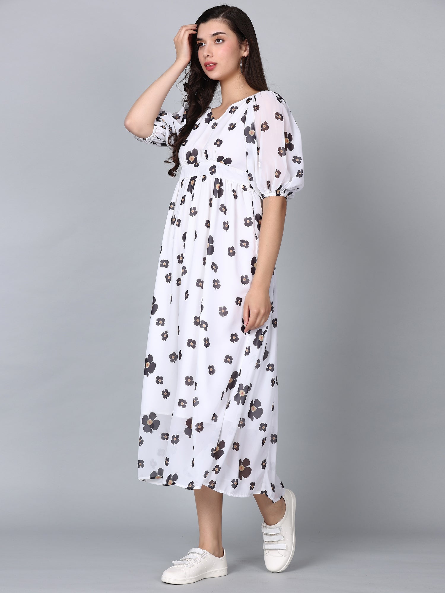 CK White Floral Print Puff Sleeves Long Dress