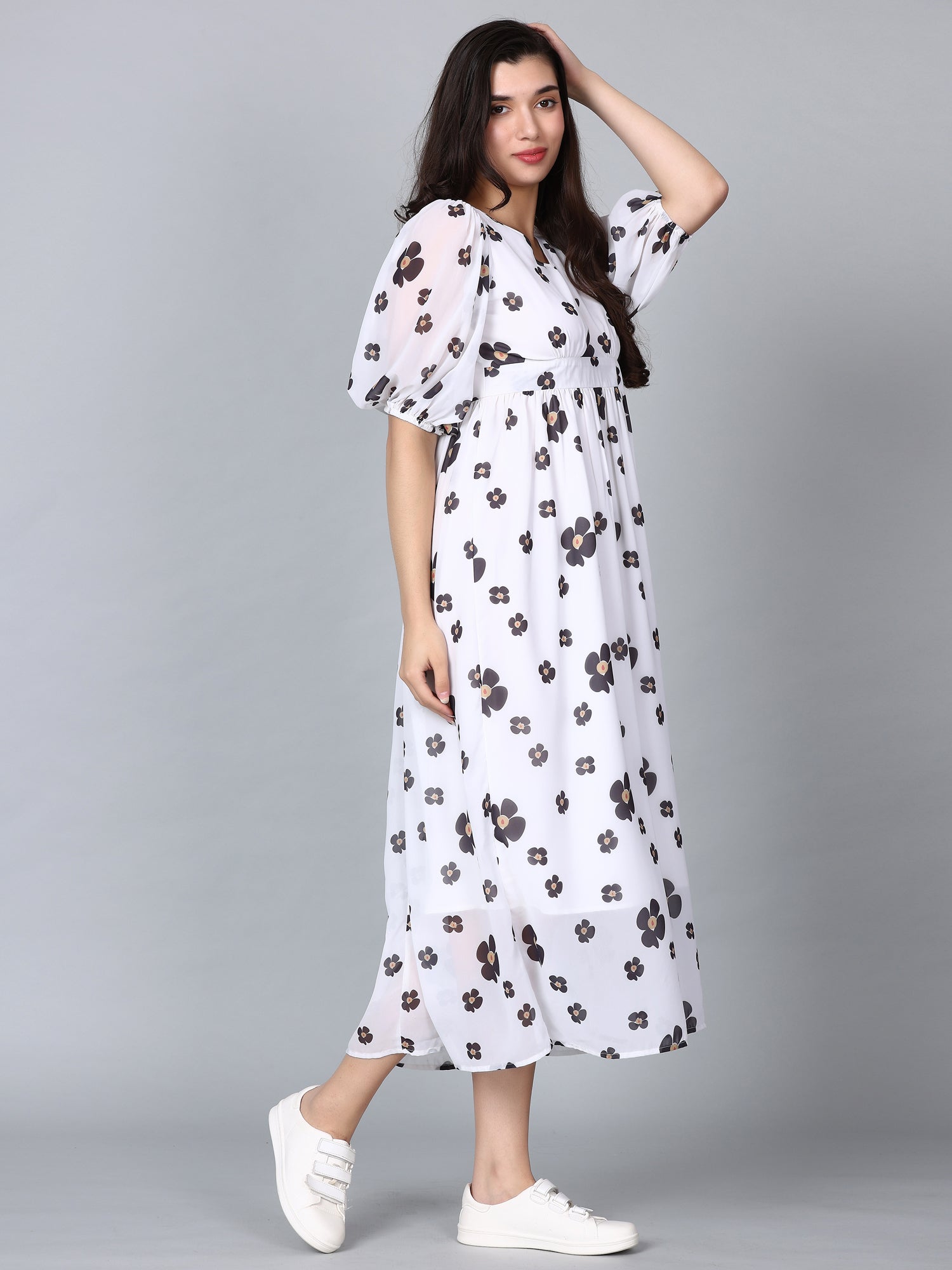 CK White Floral Print Puff Sleeves Long Dress