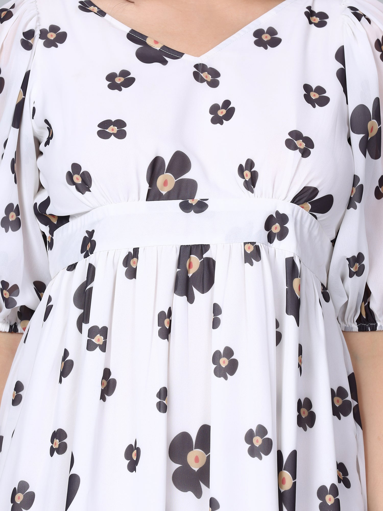 CK White Floral Print Puff Sleeves Long Dress