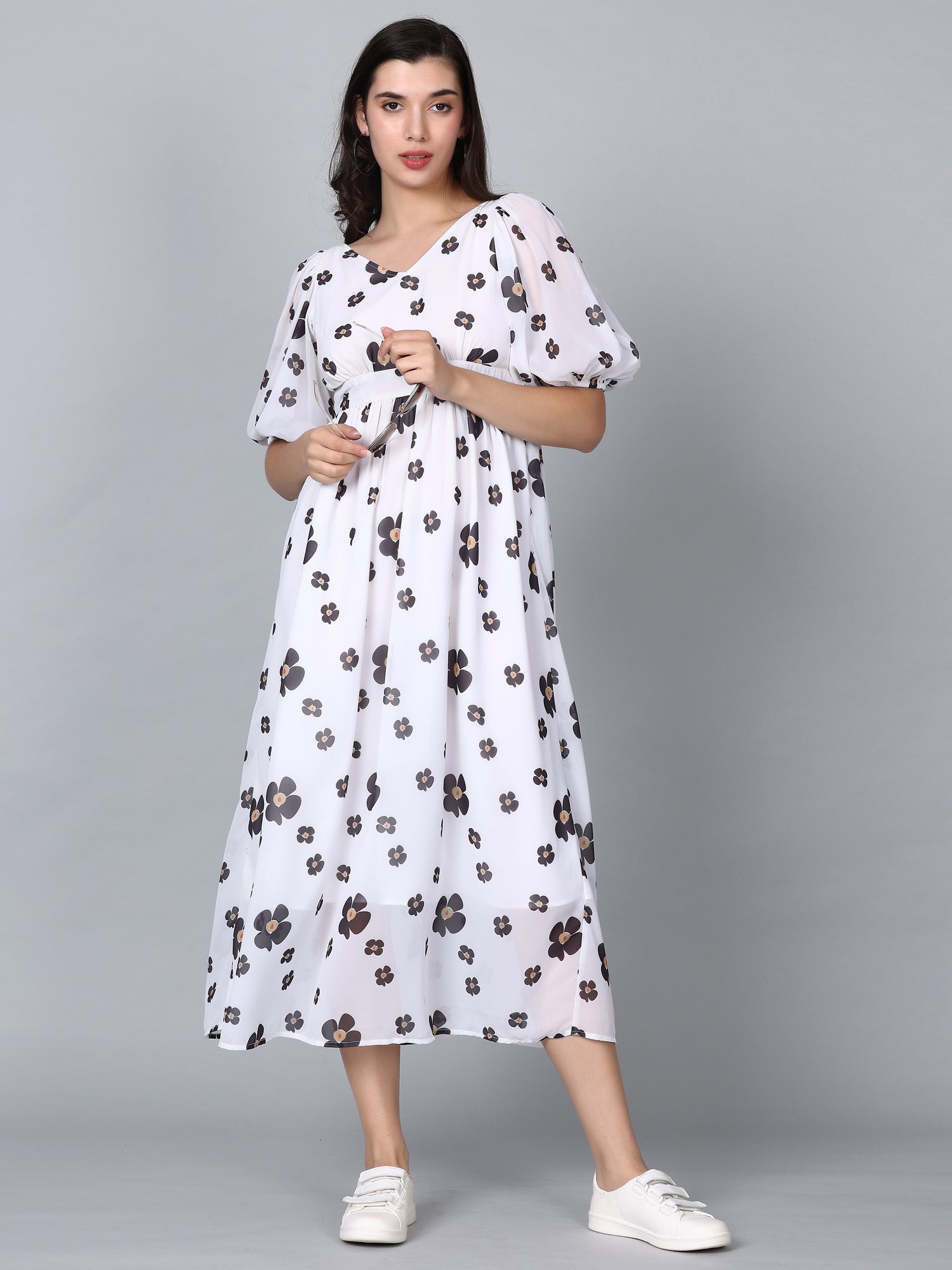 CK White Floral Print Puff Sleeves Long Dress