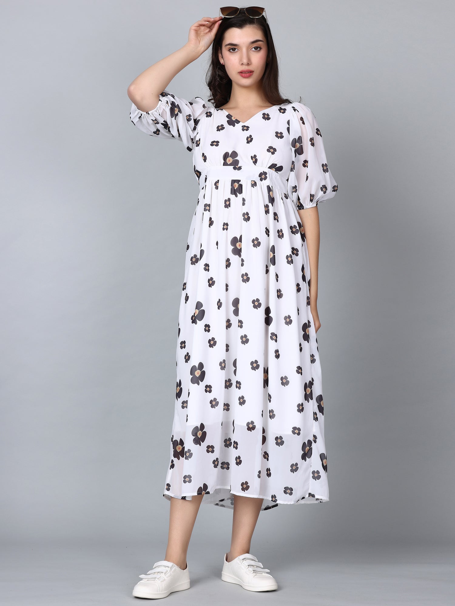 CK White Floral Print Puff Sleeves Long Dress