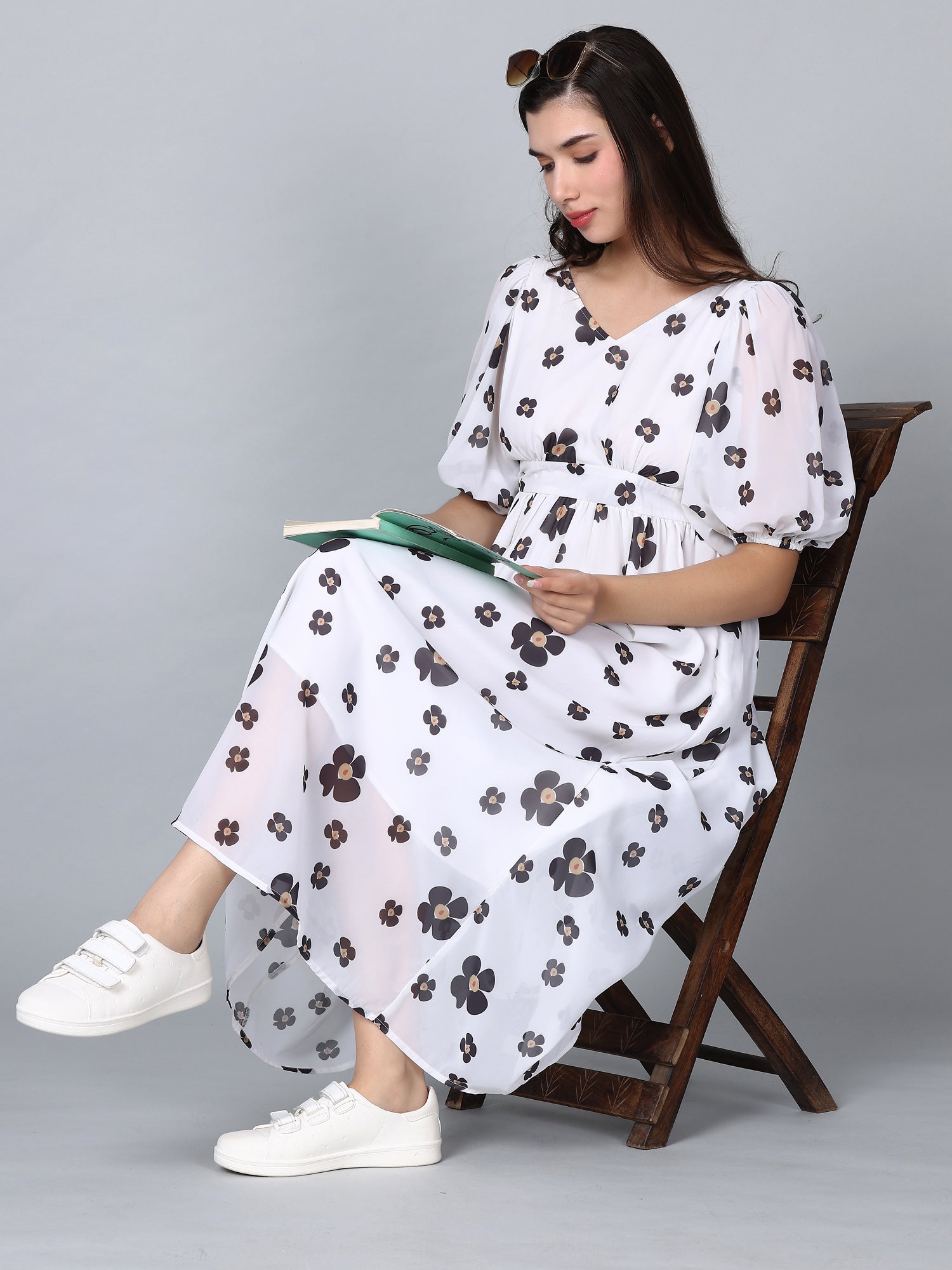CK White Floral Print Puff Sleeves Long Dress