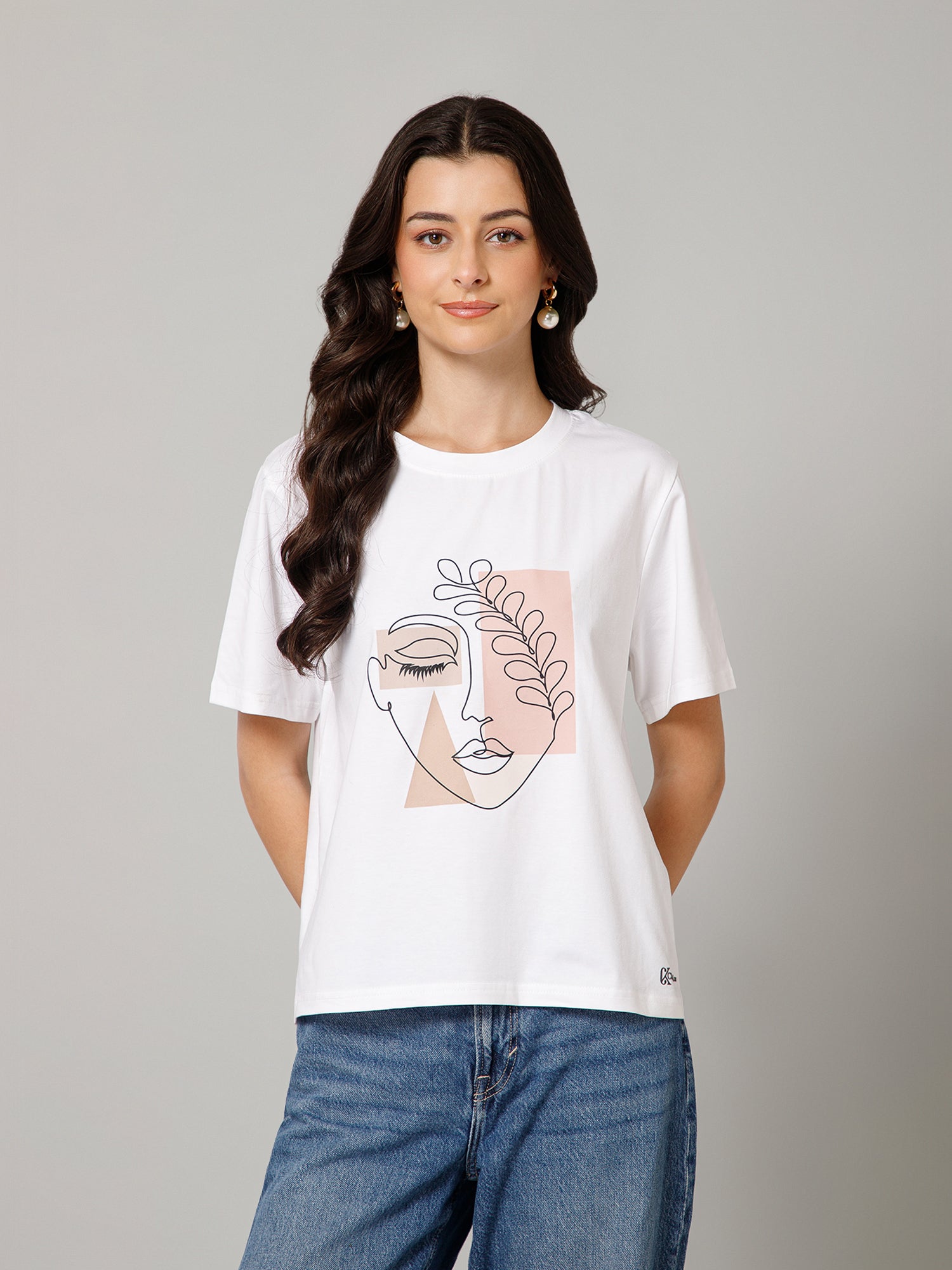 Women’s Premium Abstract Face Print White T-Shirt