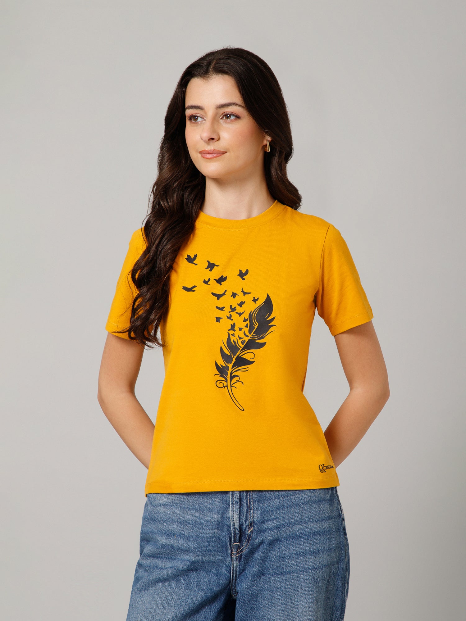 Women’s Premium Feather Bird Print Yellow T-Shirt