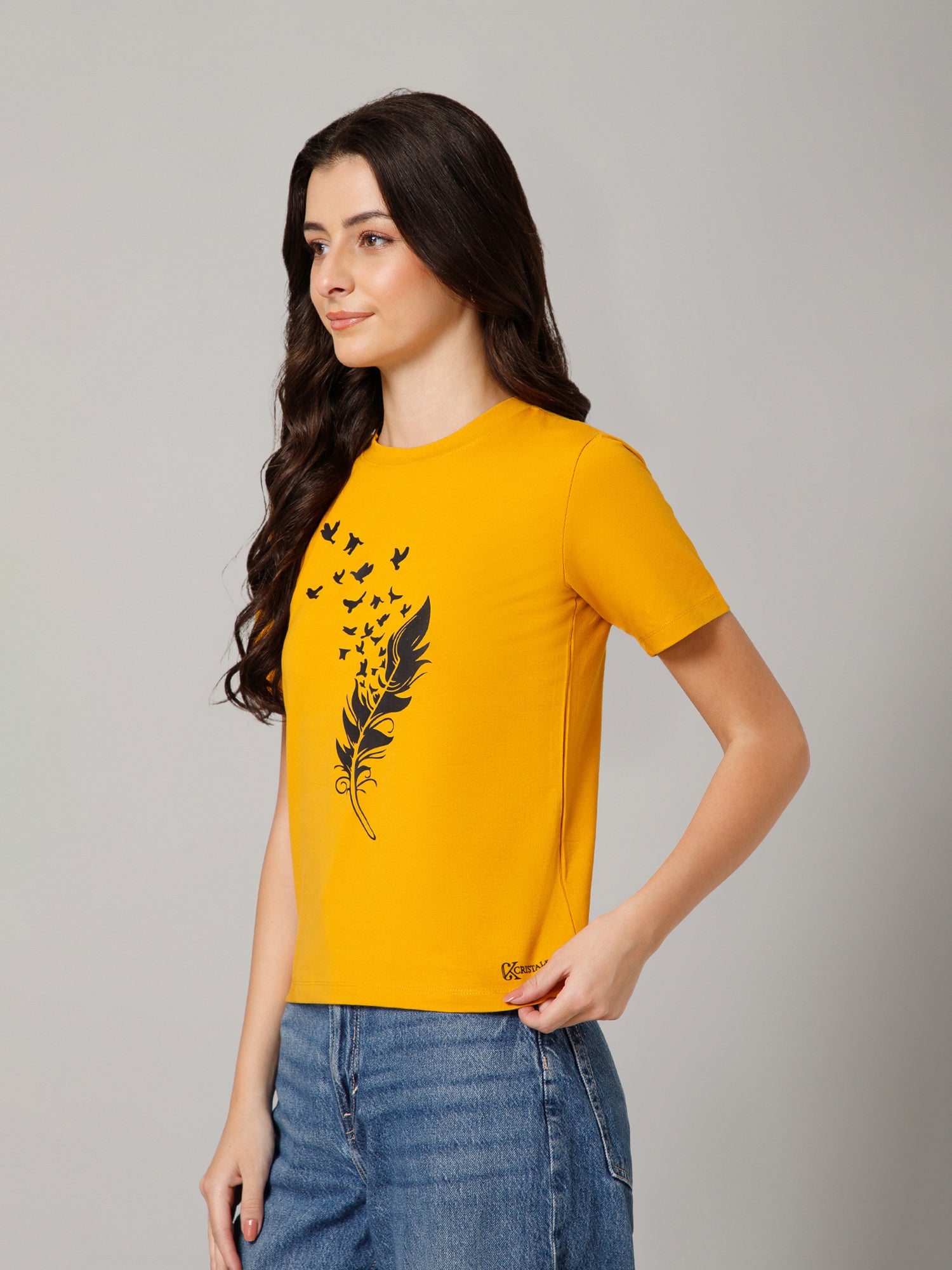 Women’s Premium Feather Bird Print Yellow T-Shirt