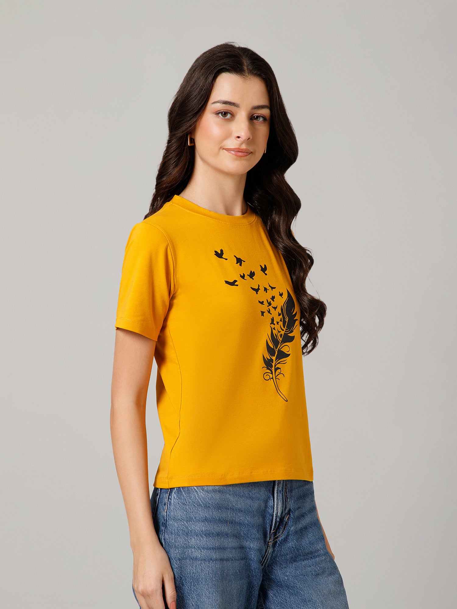 Women’s Premium Feather Bird Print Yellow T-Shirt