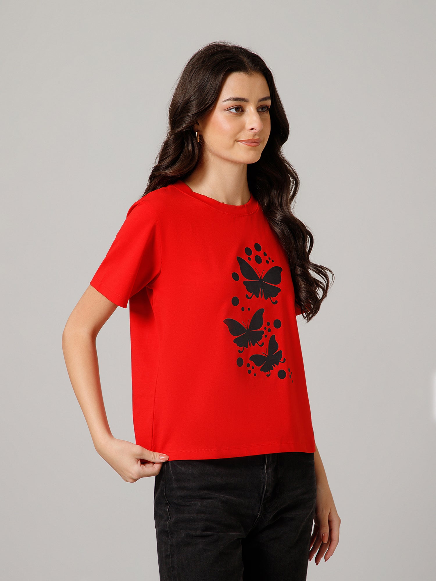 Women’s Premium Butterfly Print Red T-Shirt