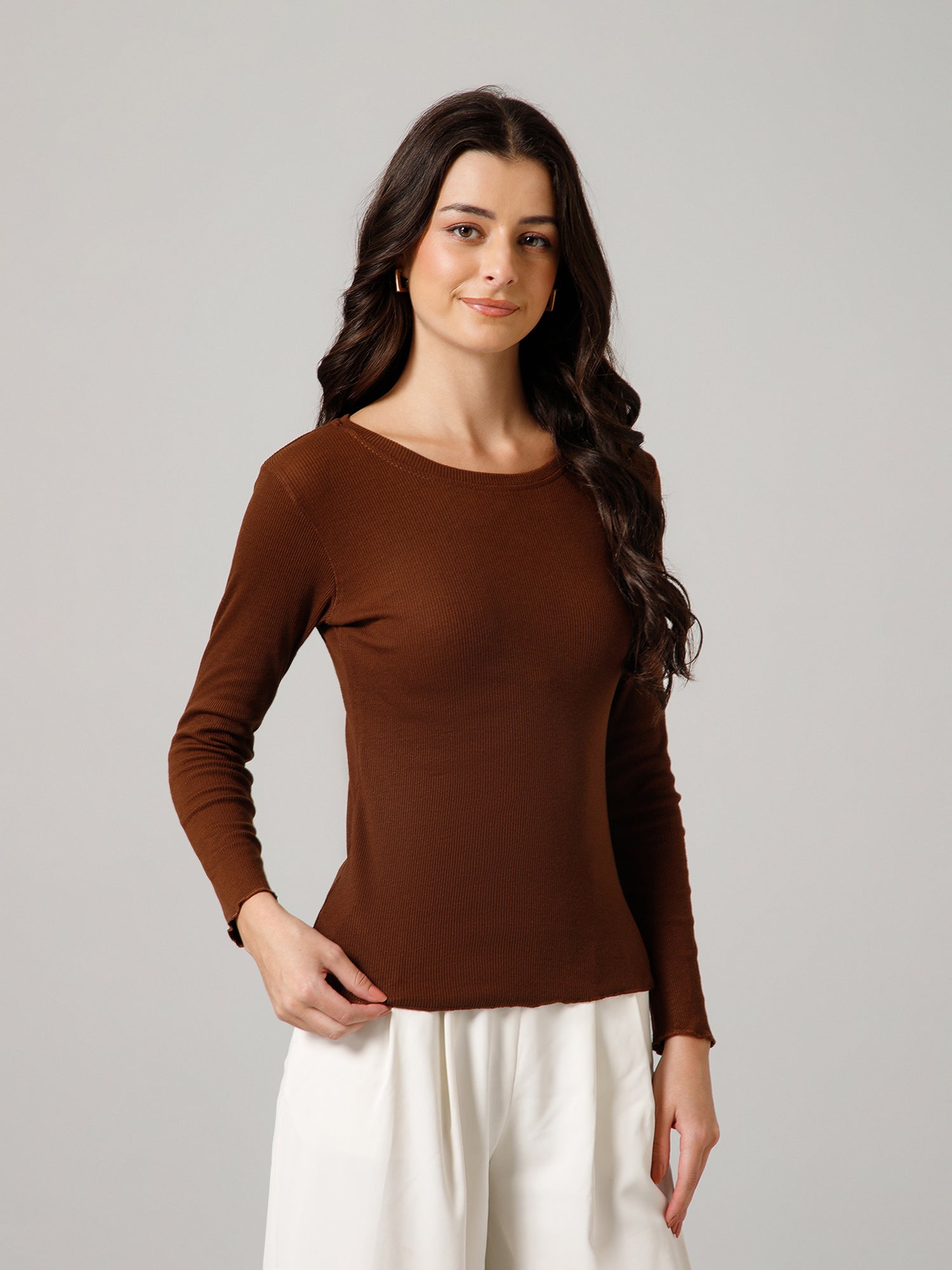 Women’s Premium Solid Brown Full Sleeve Top
