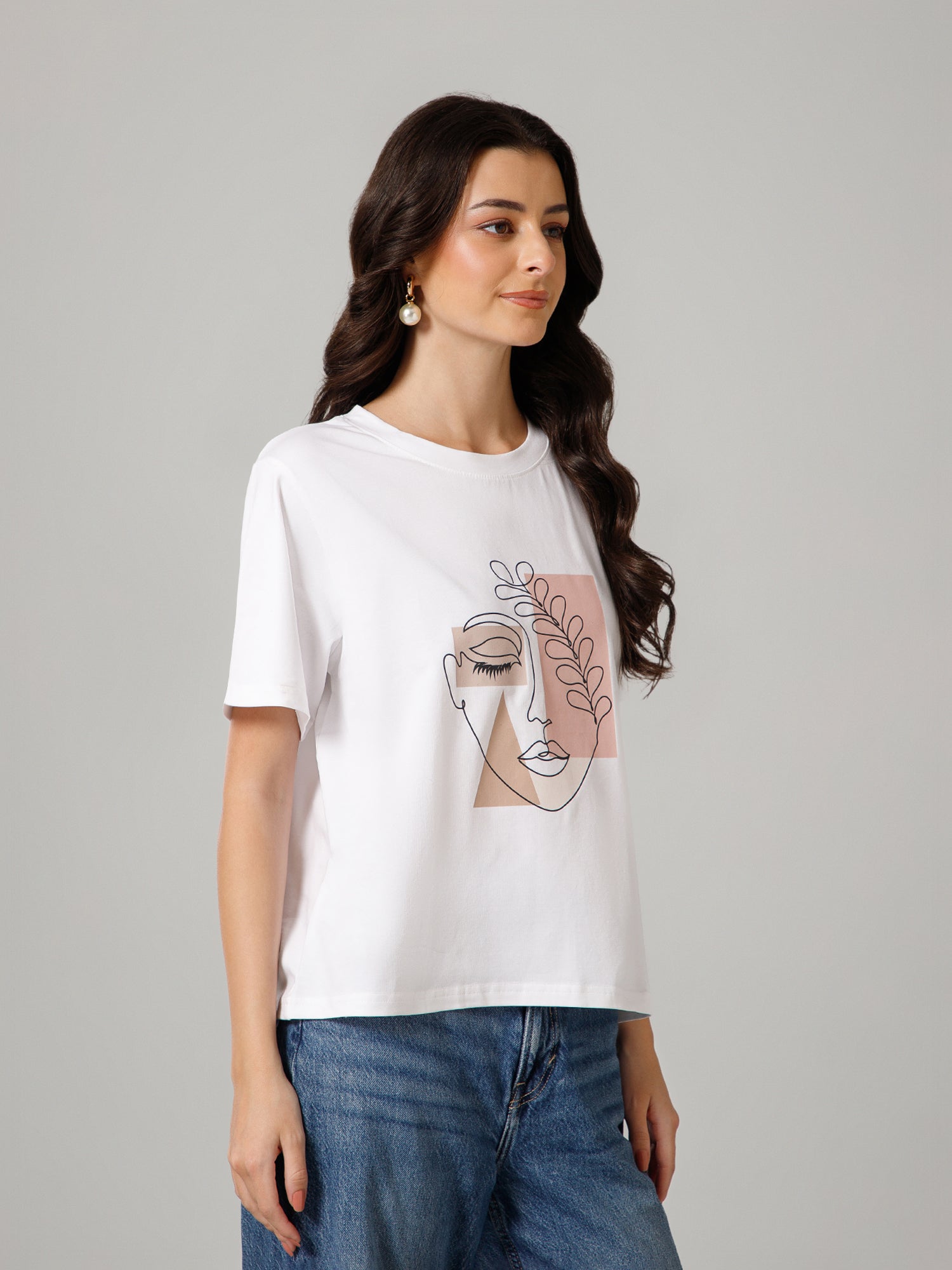 Women’s Premium Abstract Face Print White T-Shirt