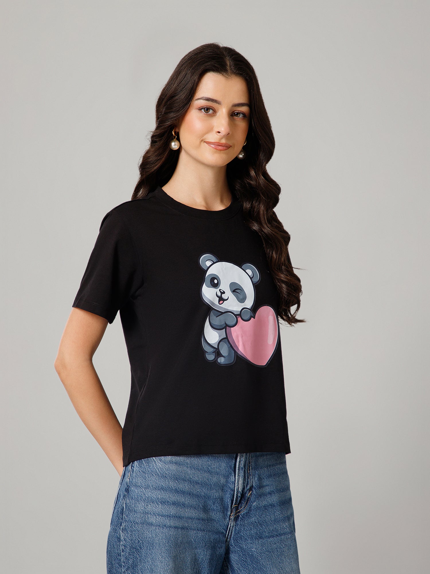 Women’s Premium Panda Graphic Black T-Shirt