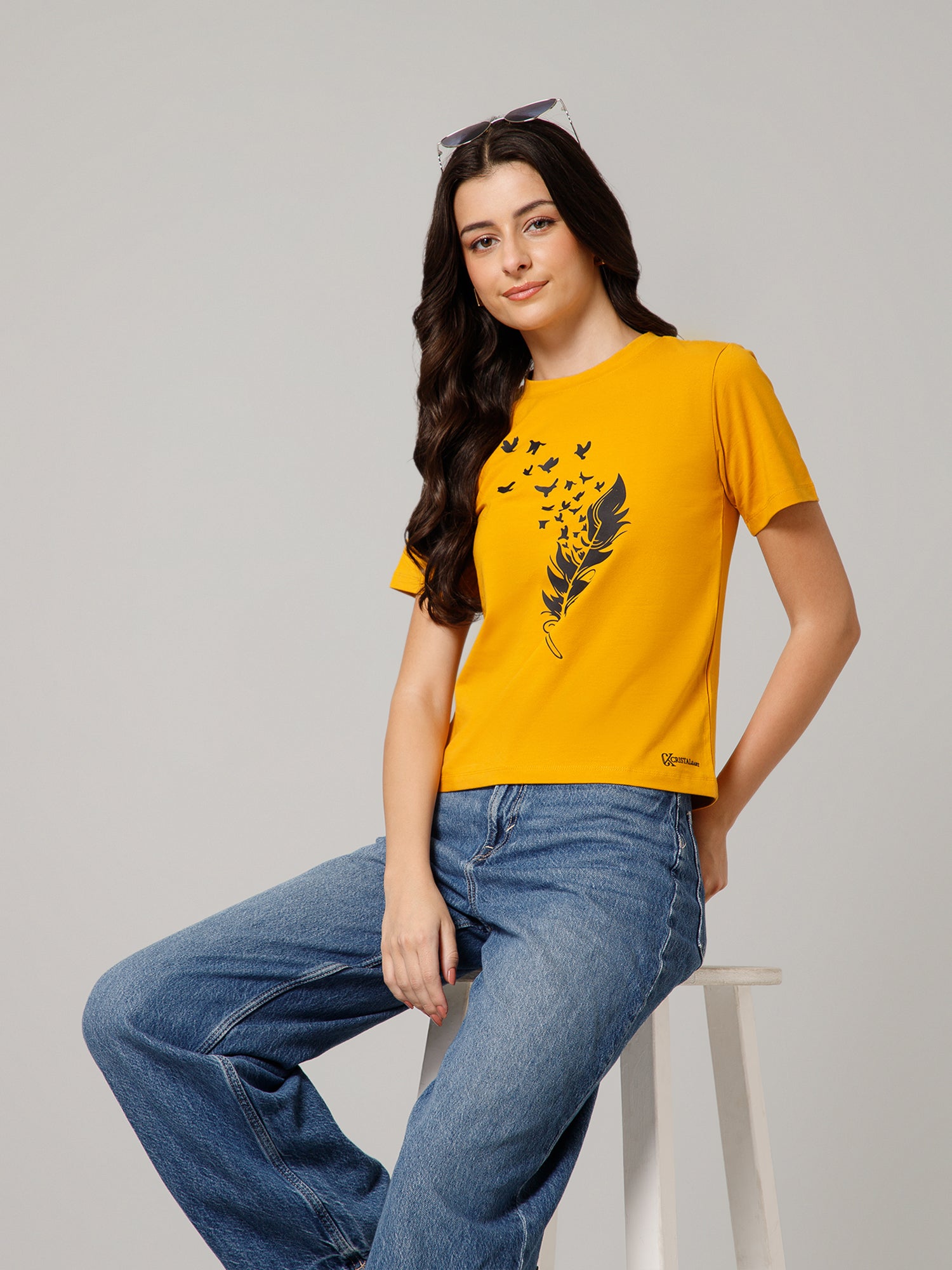 Women’s Premium Feather Bird Print Yellow T-Shirt