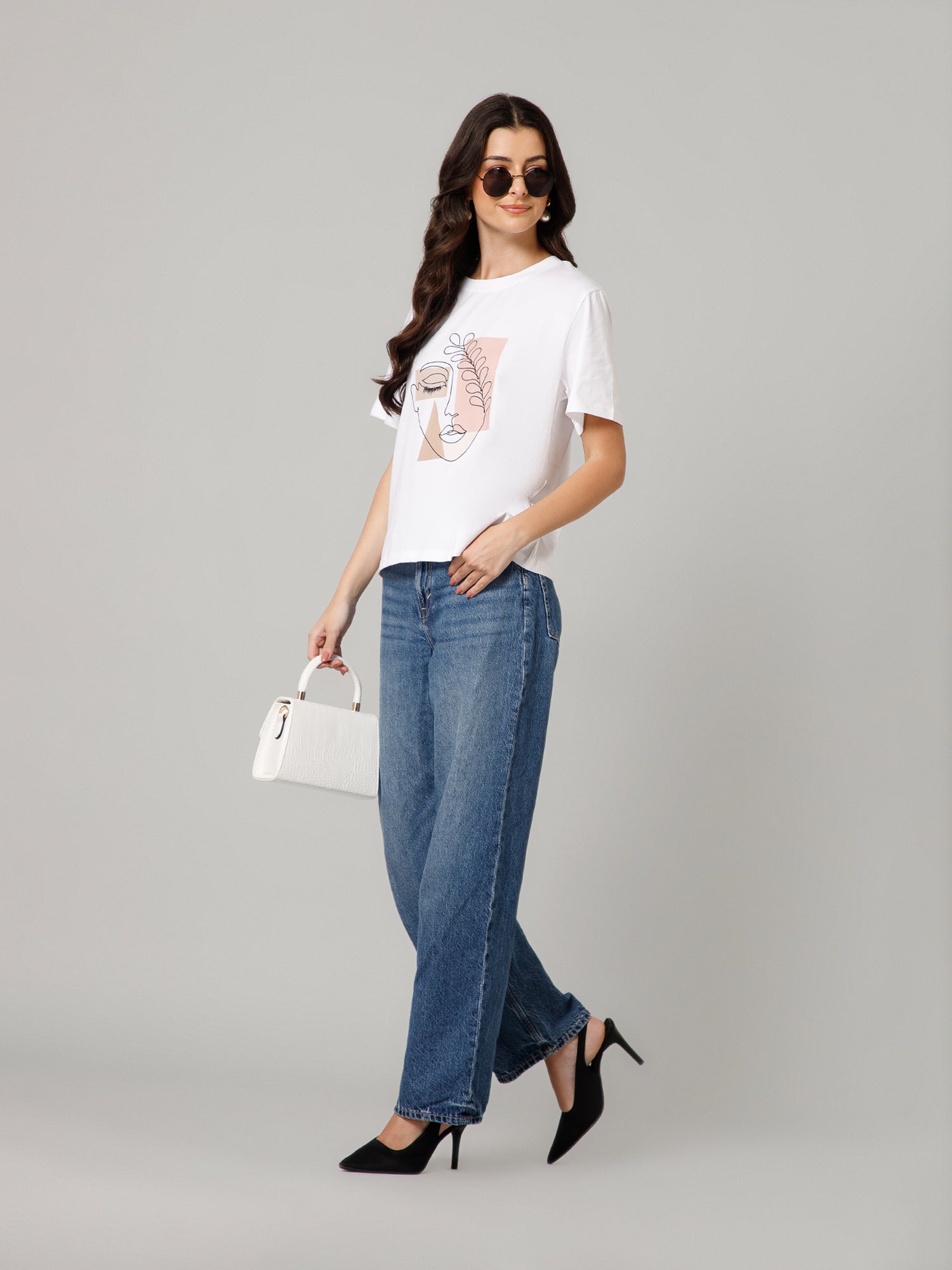 Women’s Premium Abstract Face Print White T-Shirt