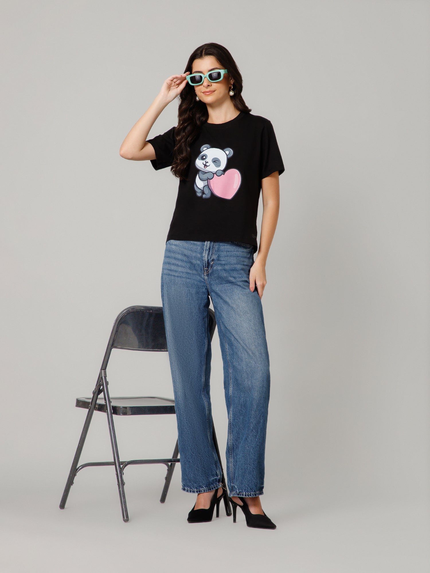 Women’s Premium Panda Graphic Black T-Shirt