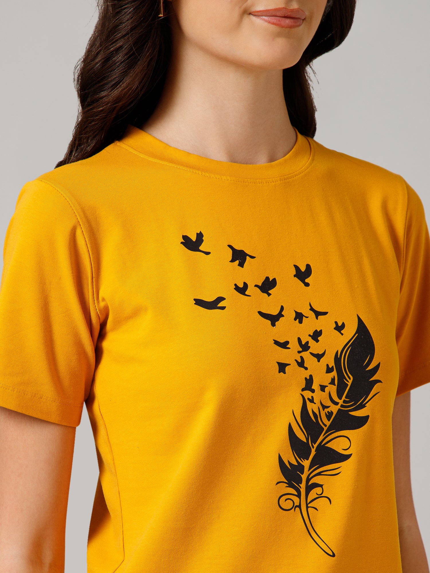 Women’s Premium Feather Bird Print Yellow T-Shirt