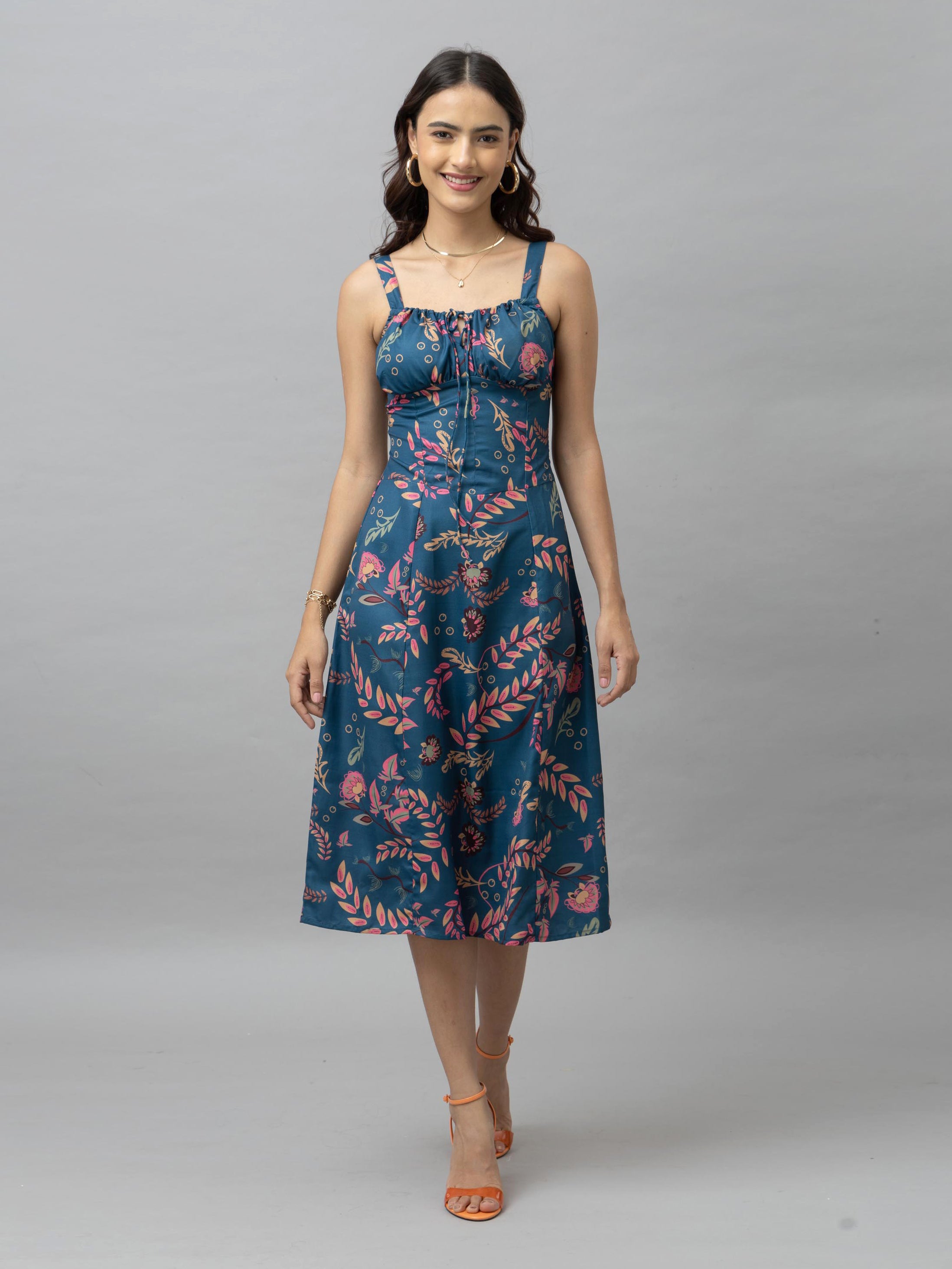 CK Blue Tropical Print Corset Midi Dress