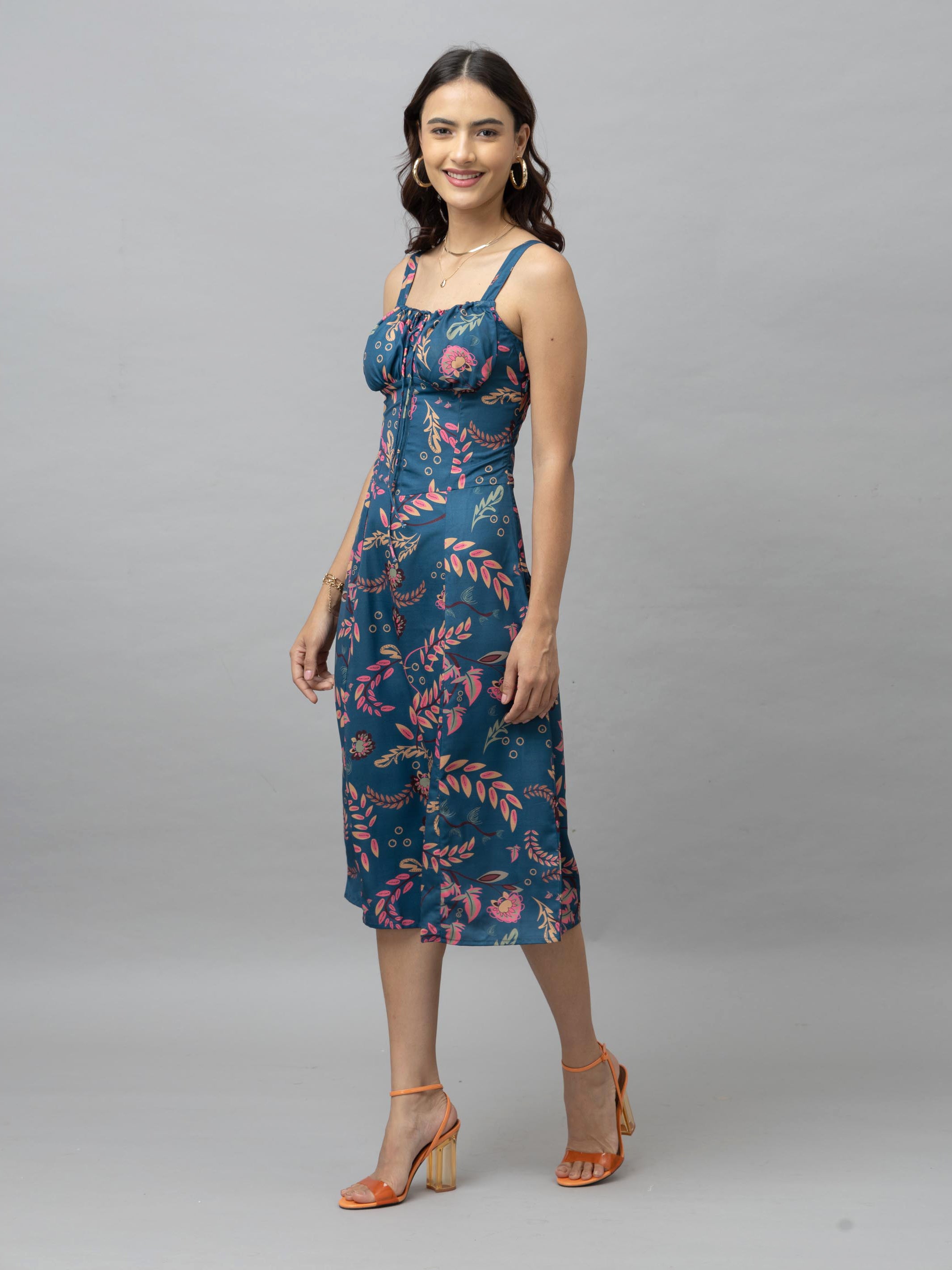 CK Blue Tropical Print Corset Midi Dress