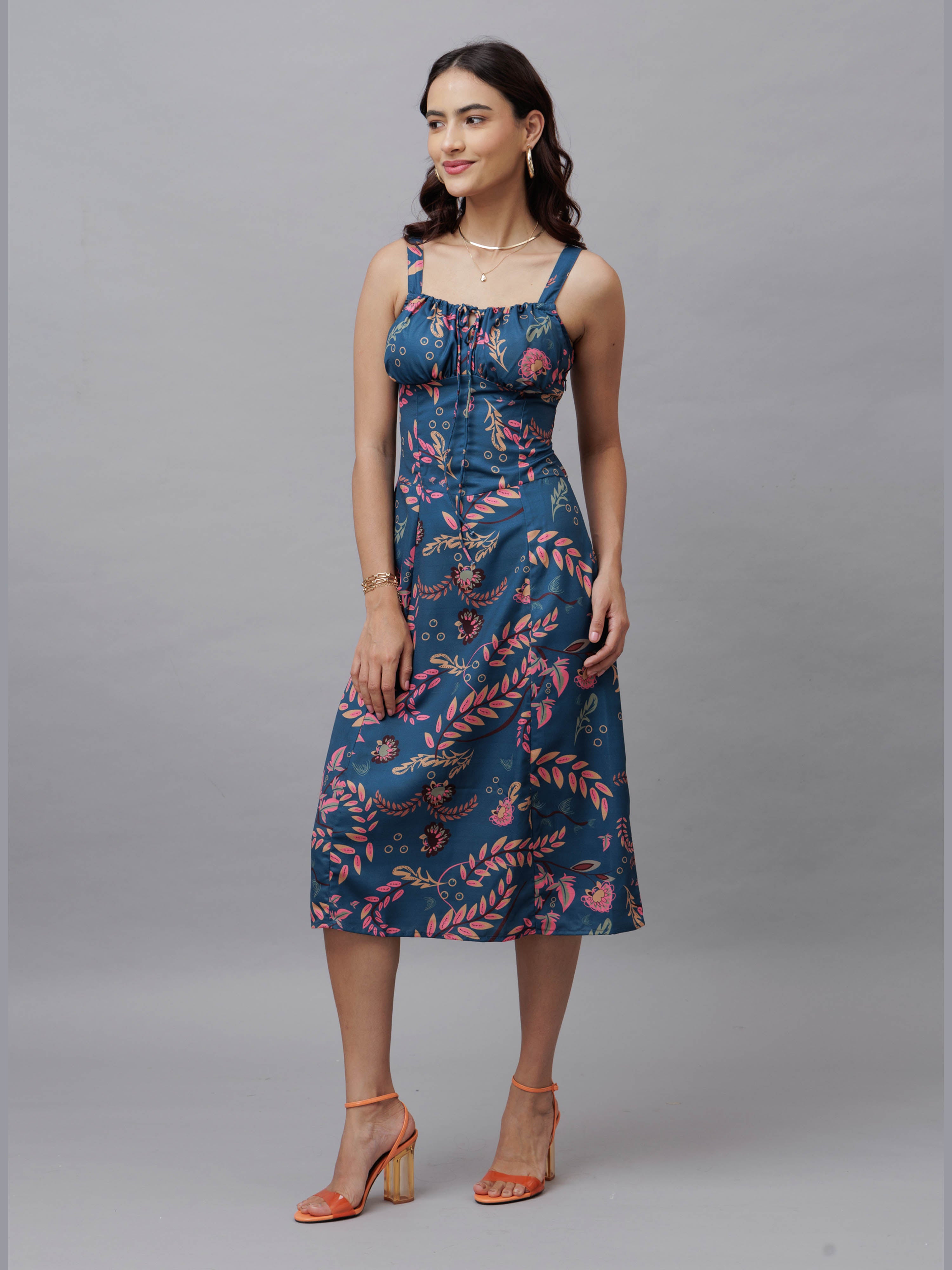 CK Blue Tropical Print Corset Midi Dress
