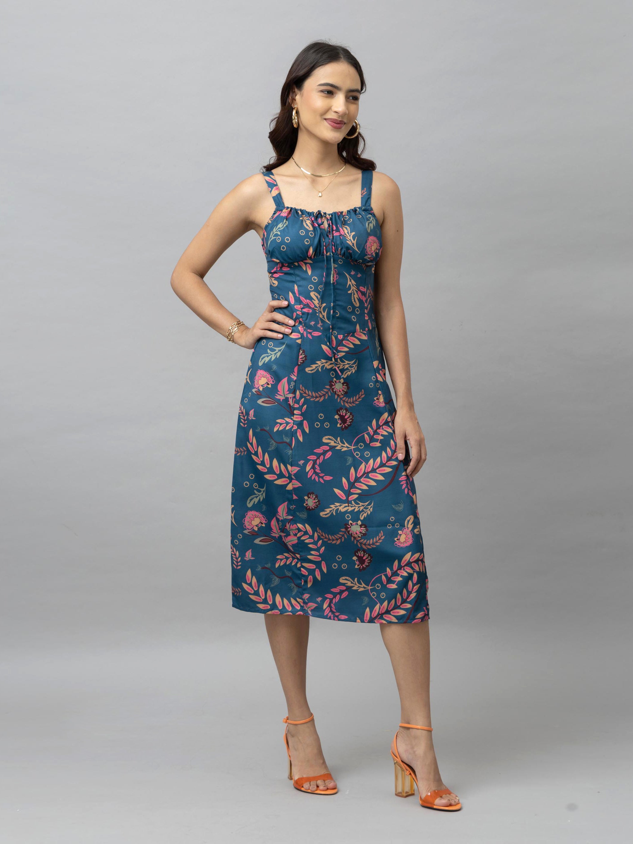 CK Blue Tropical Print Corset Midi Dress