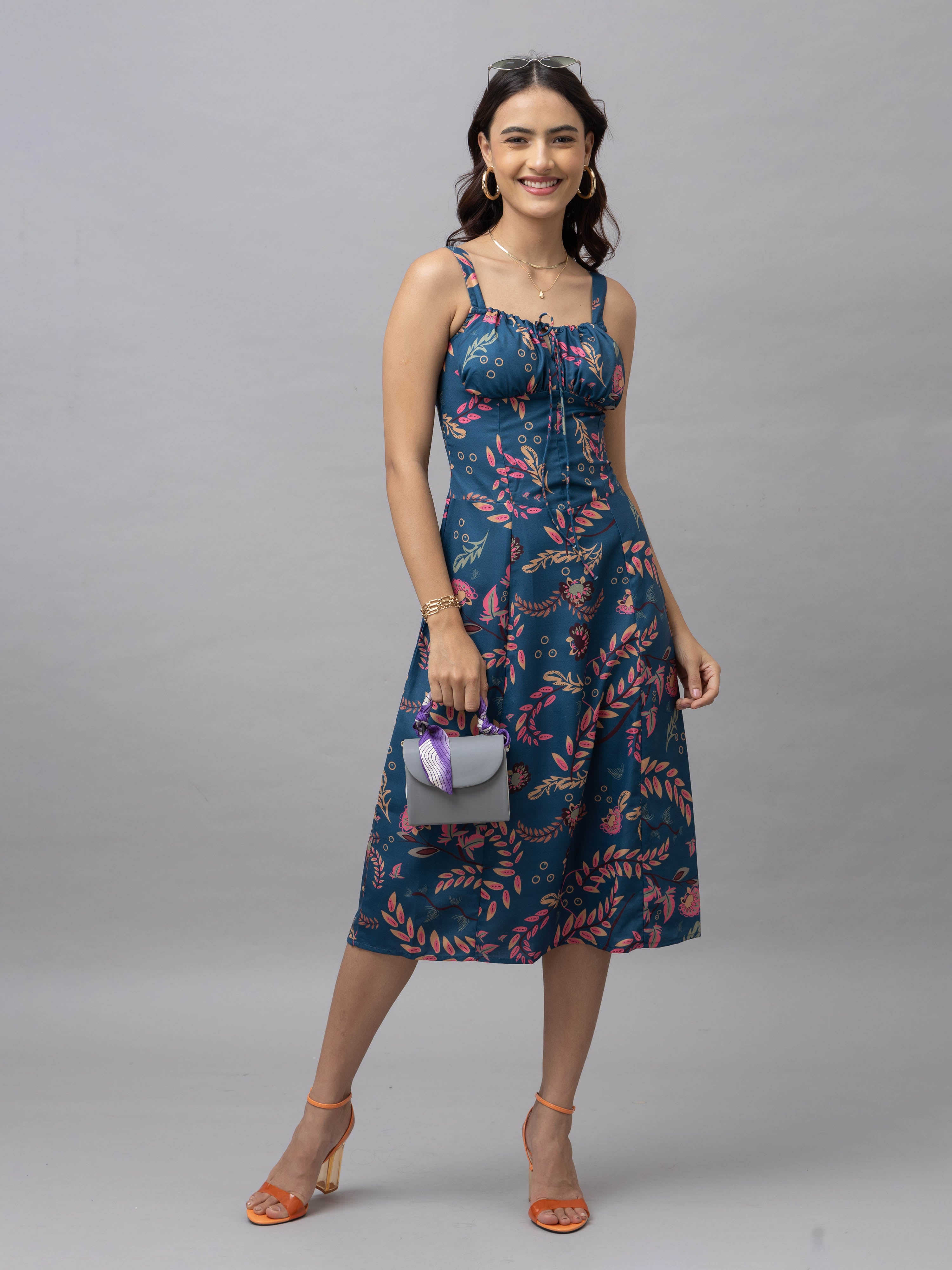 CK Blue Tropical Print Corset Midi Dress