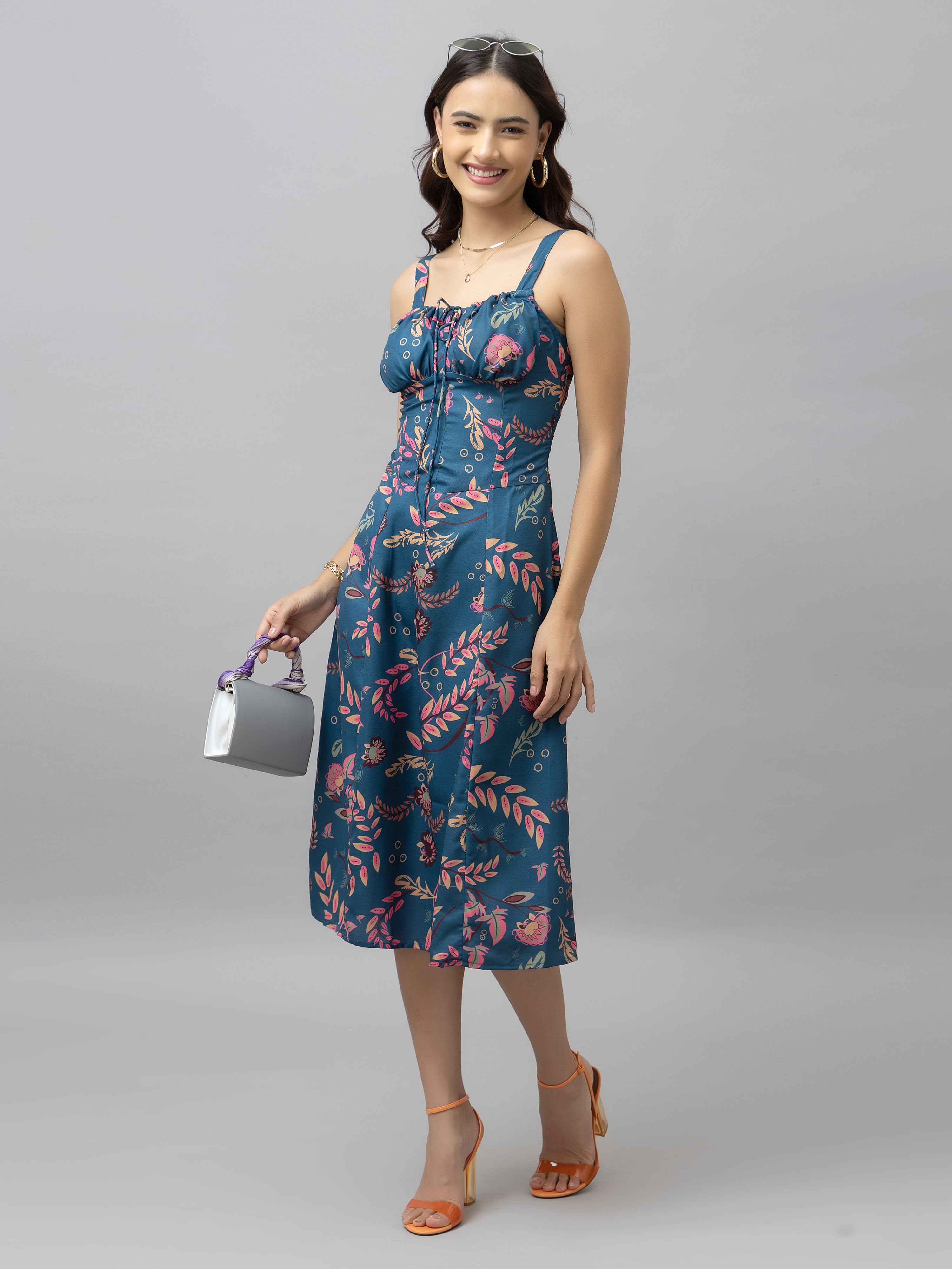 CK Blue Tropical Print Corset Midi Dress