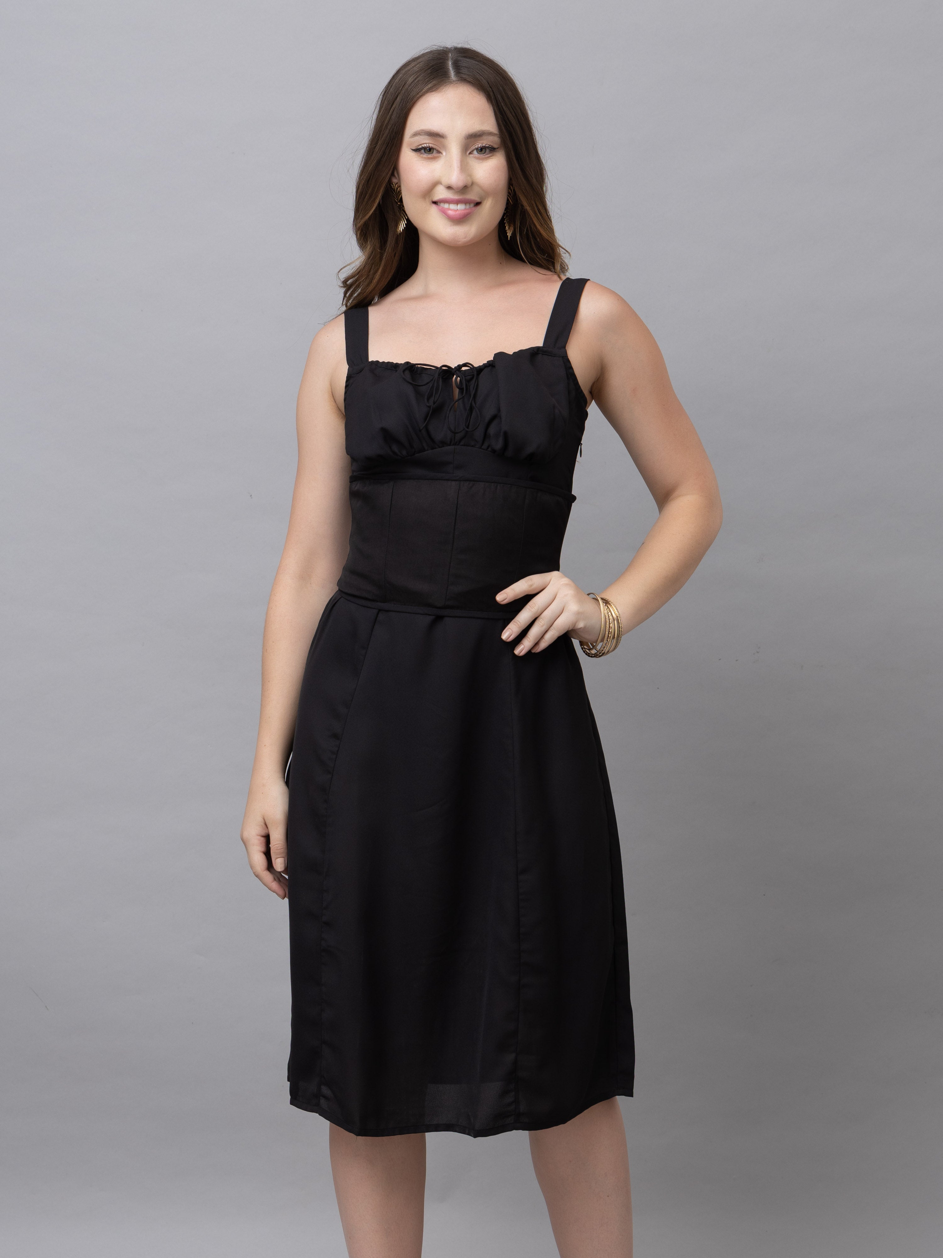 CK Lily Solid Black Corset Midi Dress