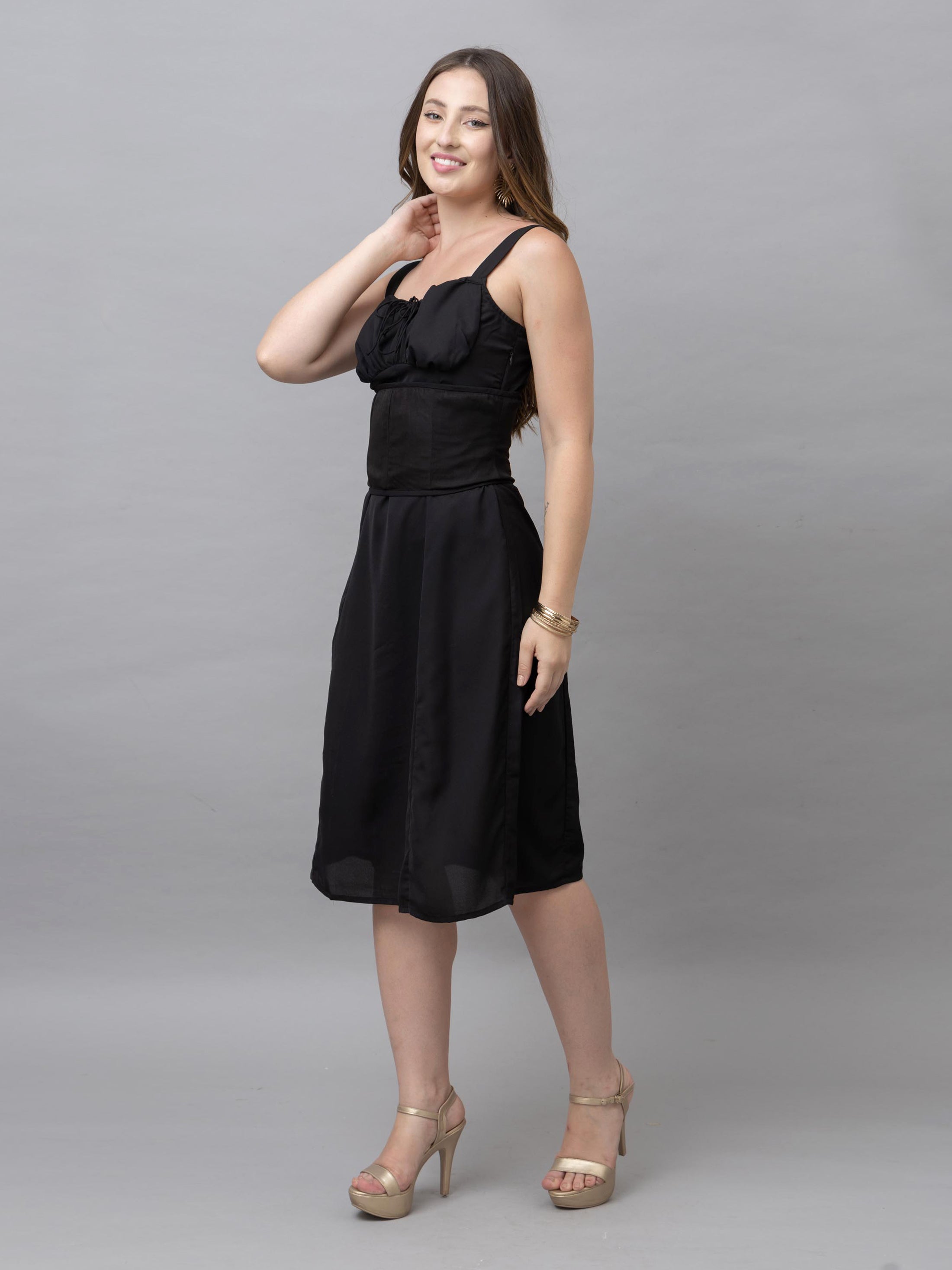 CK Lily Solid Black Corset Midi Dress