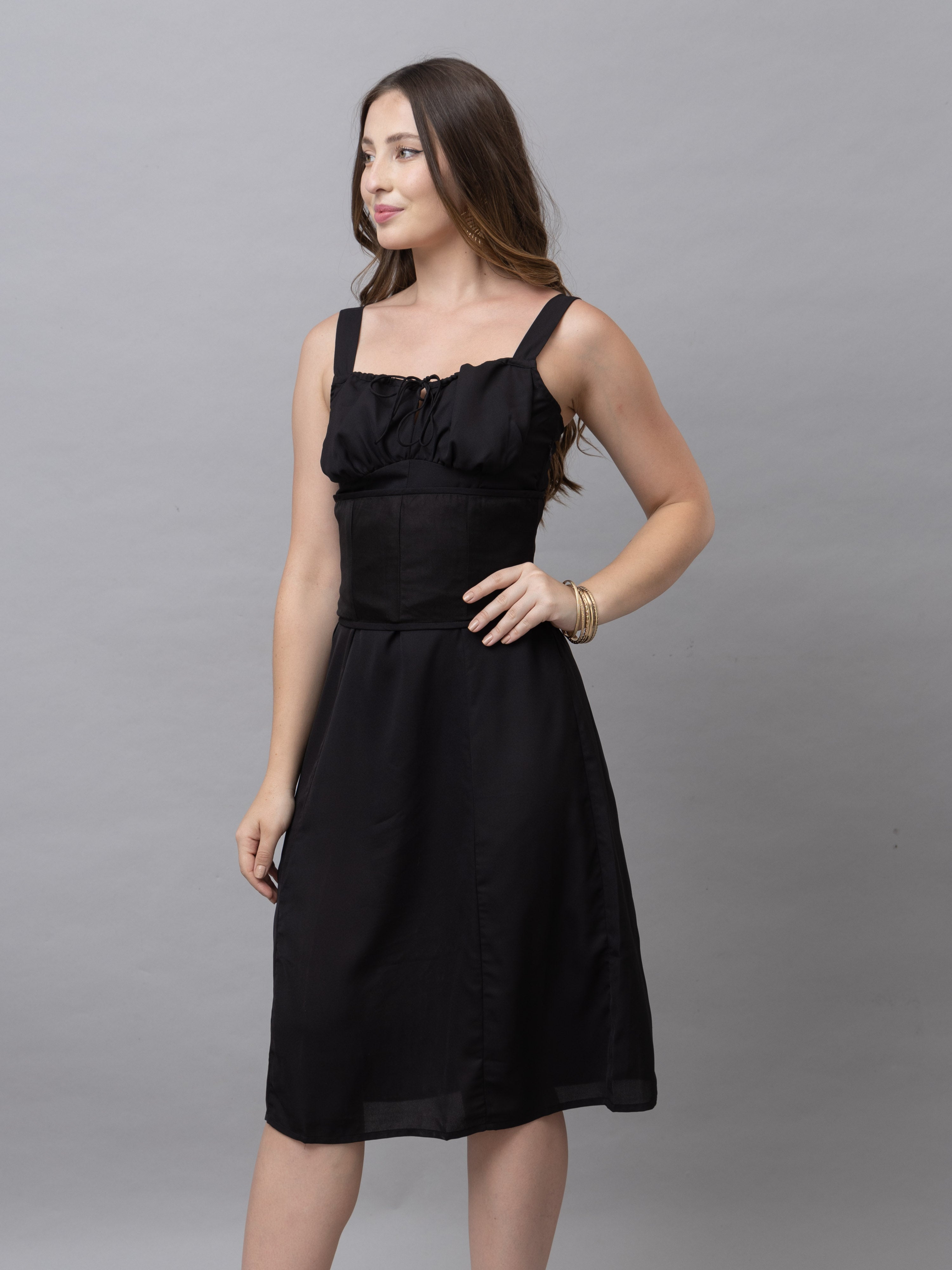CK Lily Solid Black Corset Midi Dress