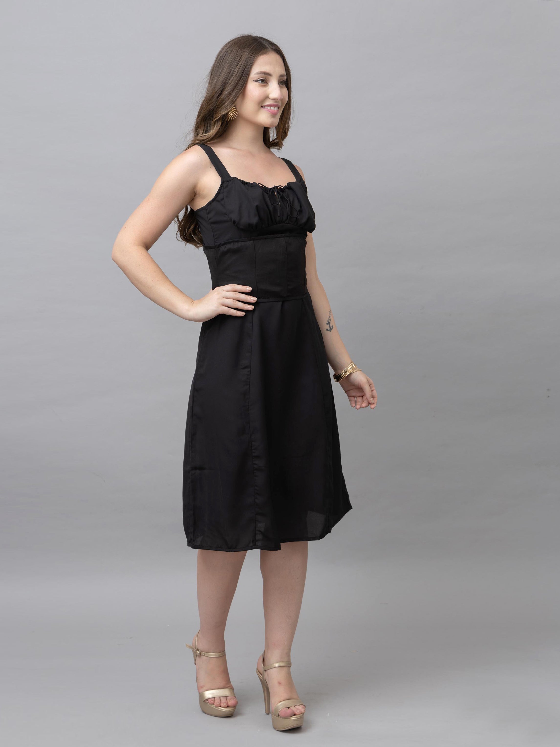 CK Lily Solid Black Corset Midi Dress