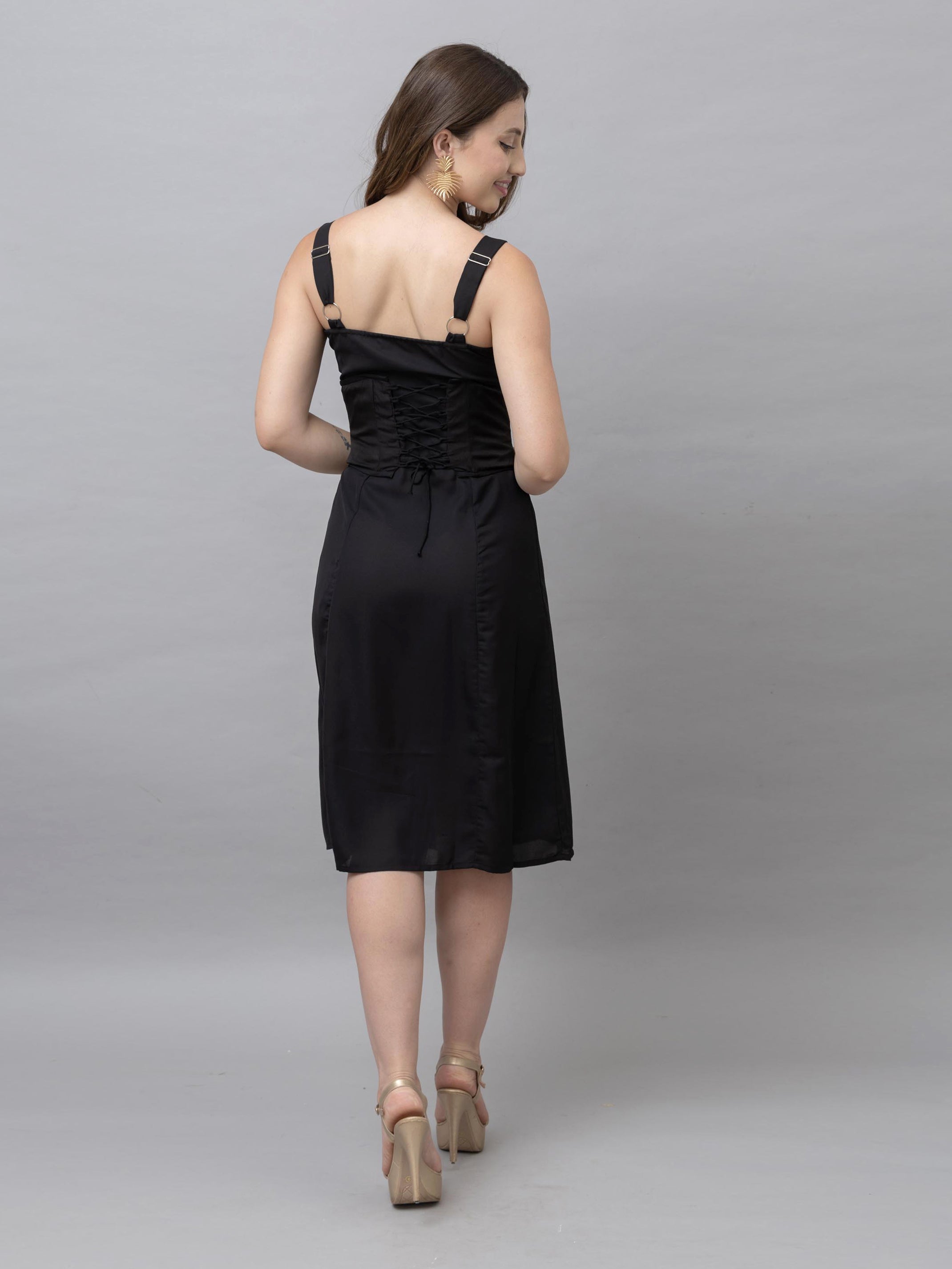 CK Lily Solid Black Corset Midi Dress