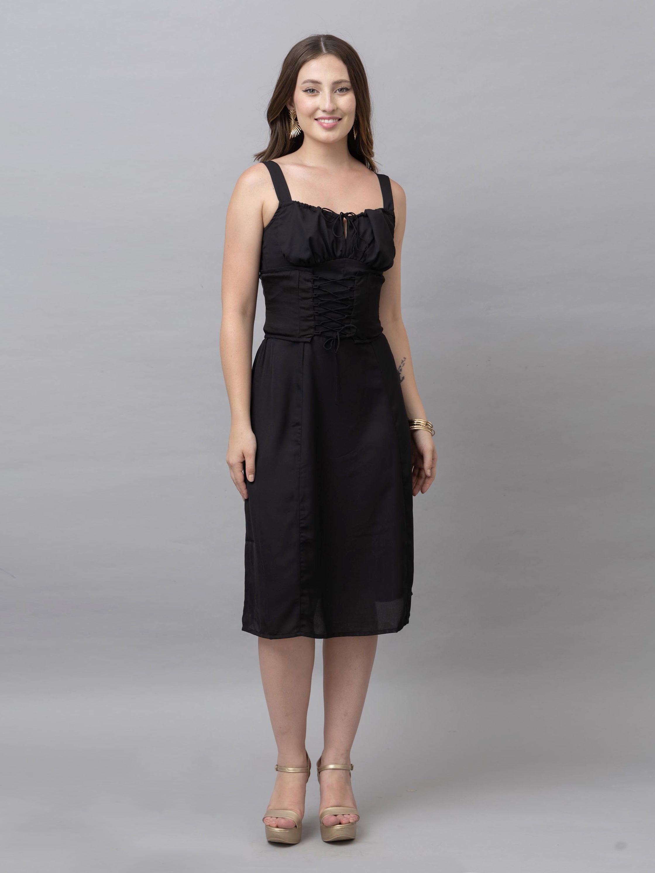 CK Lily Solid Black Corset Midi Dress
