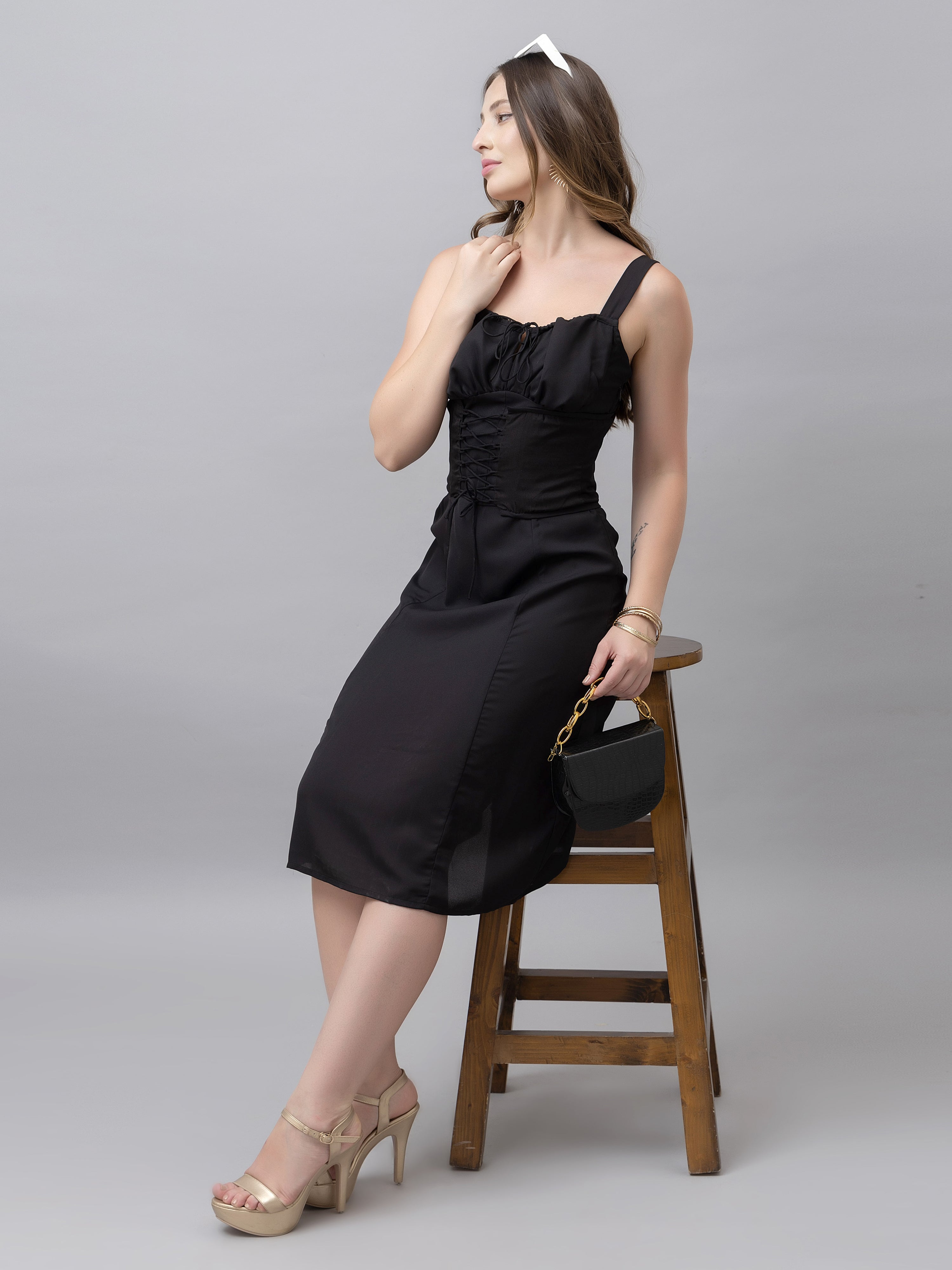CK Lily Solid Black Corset Midi Dress