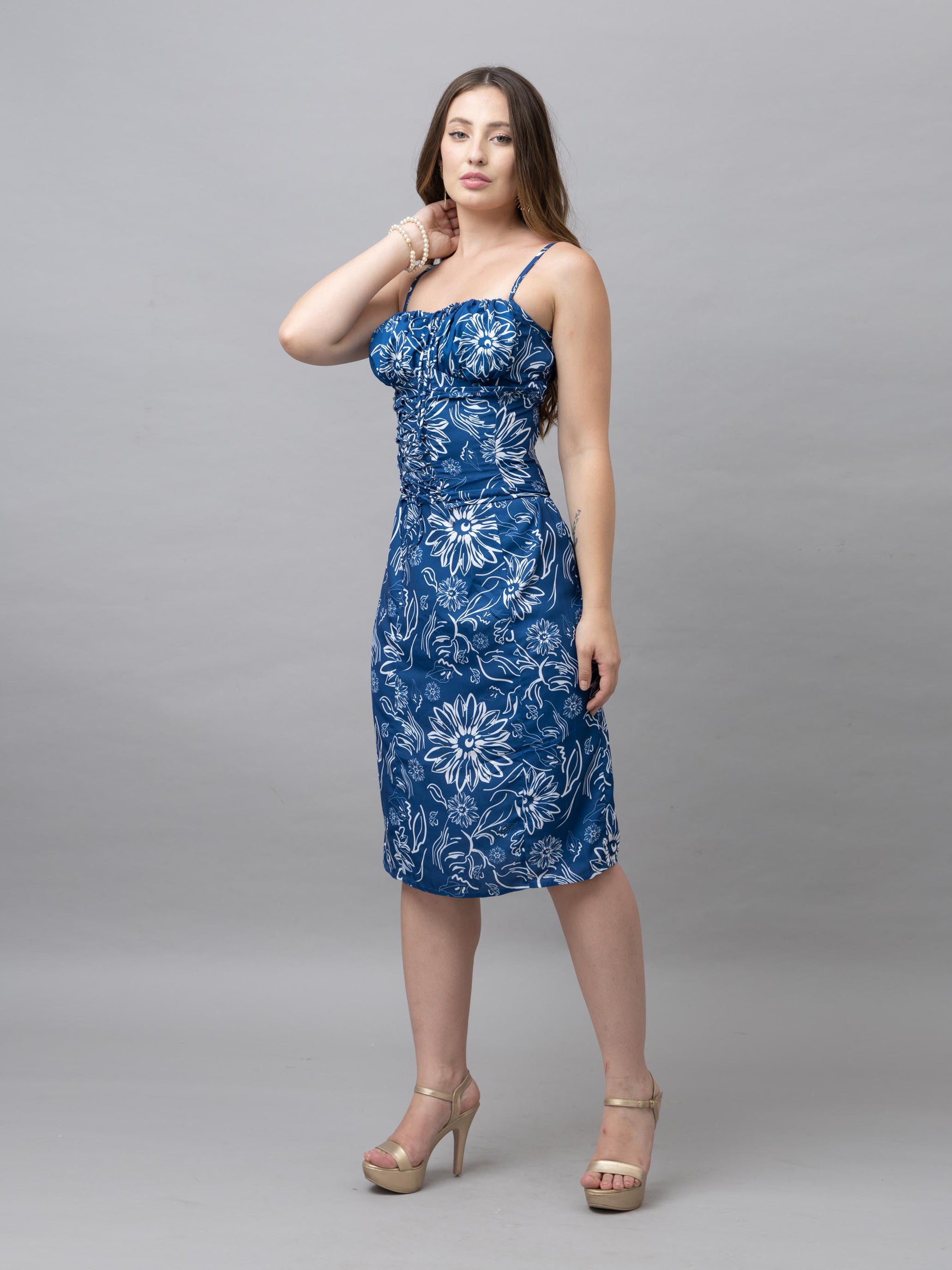 CK Blue Floral Print Corset Midi Dress