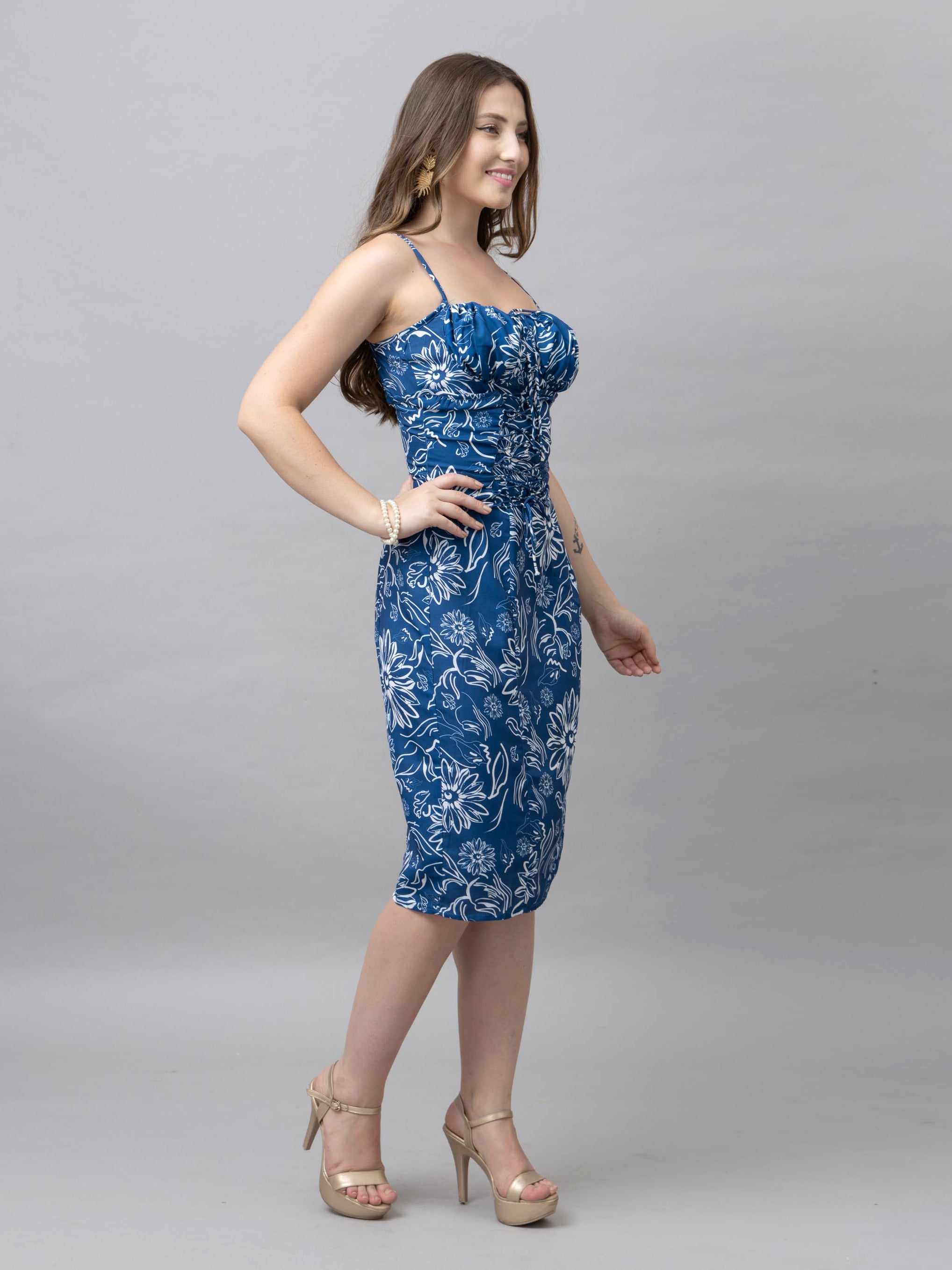 CK Blue Floral Print Corset Midi Dress