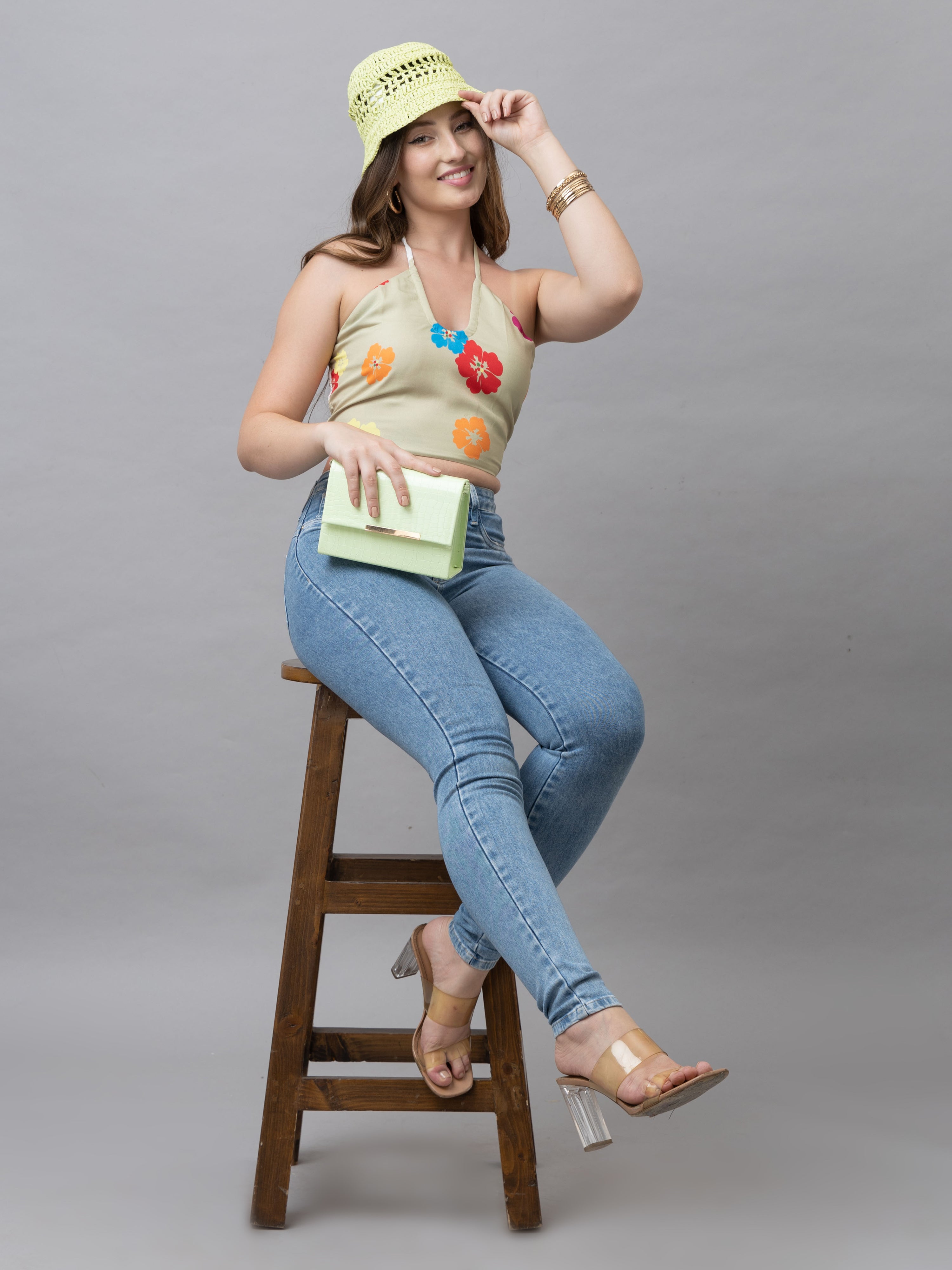 CK Kaia Beige Multicolor Floral Halter Crop Top