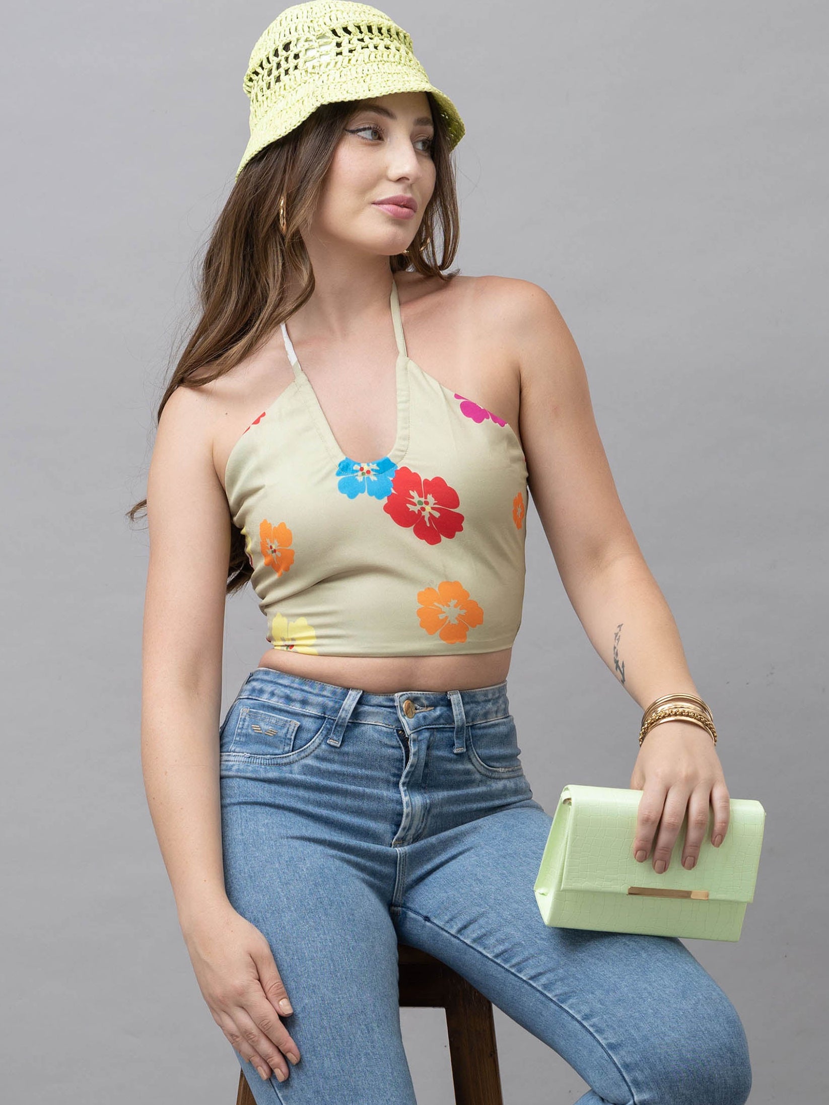 CK Kaia Beige Multicolor Floral Halter Crop Top