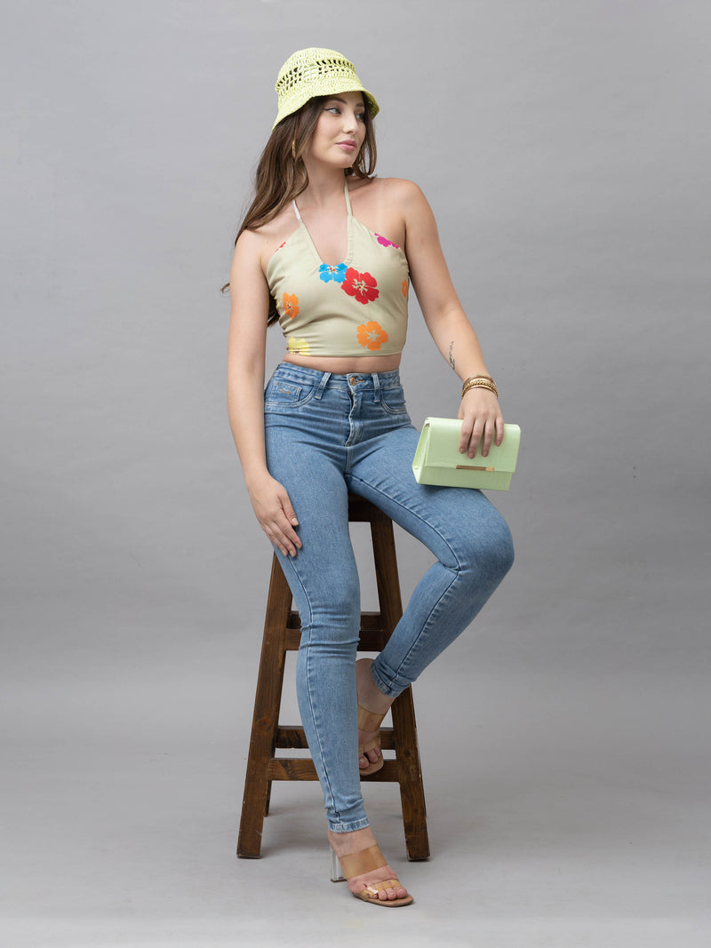 CK Kaia Beige Multicolor Floral Halter Crop Top