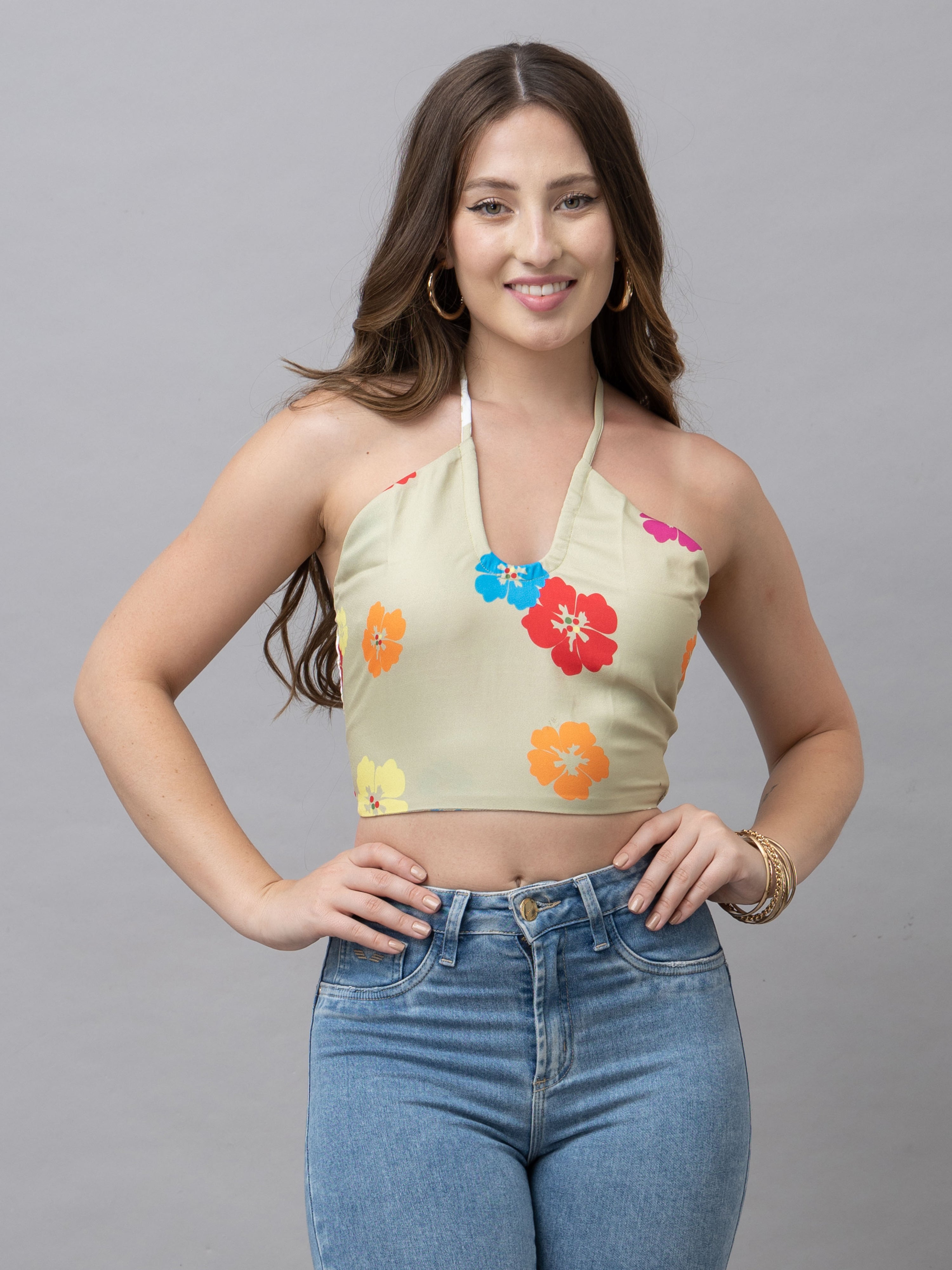 CK Kaia Beige Multicolor Floral Halter Crop Top