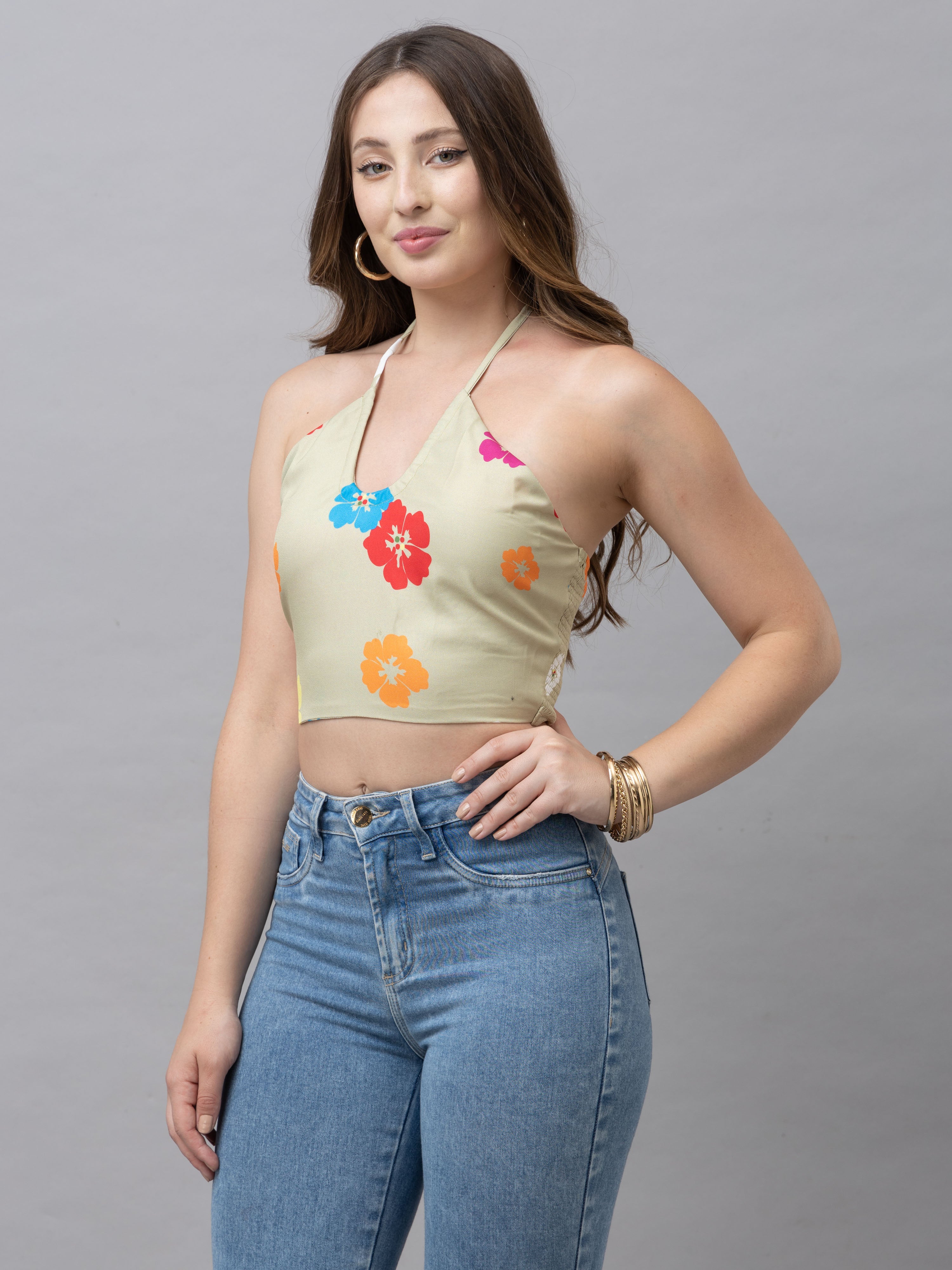 CK Kaia Beige Multicolor Floral Halter Crop Top