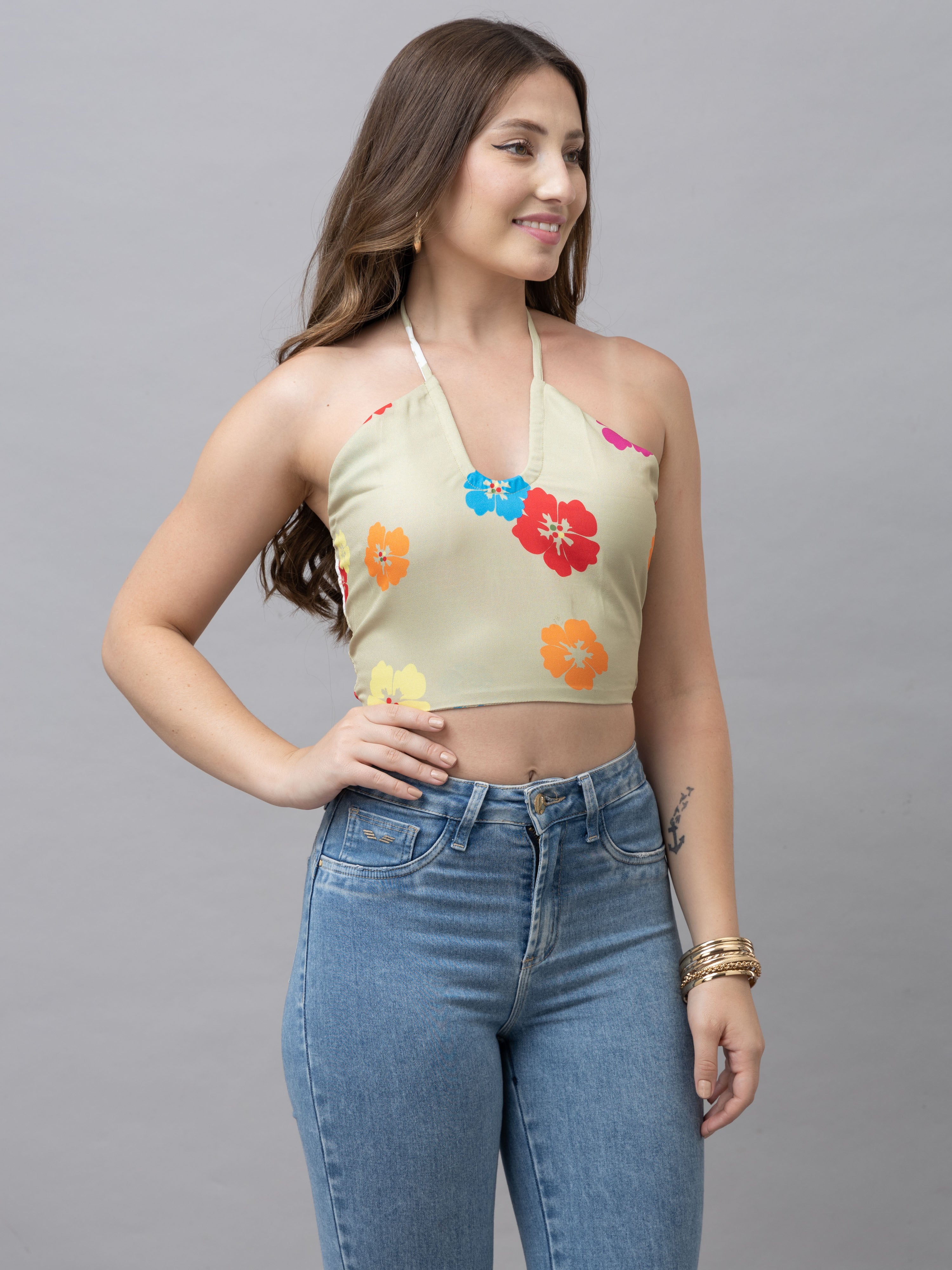 CK Kaia Beige Multicolor Floral Halter Crop Top