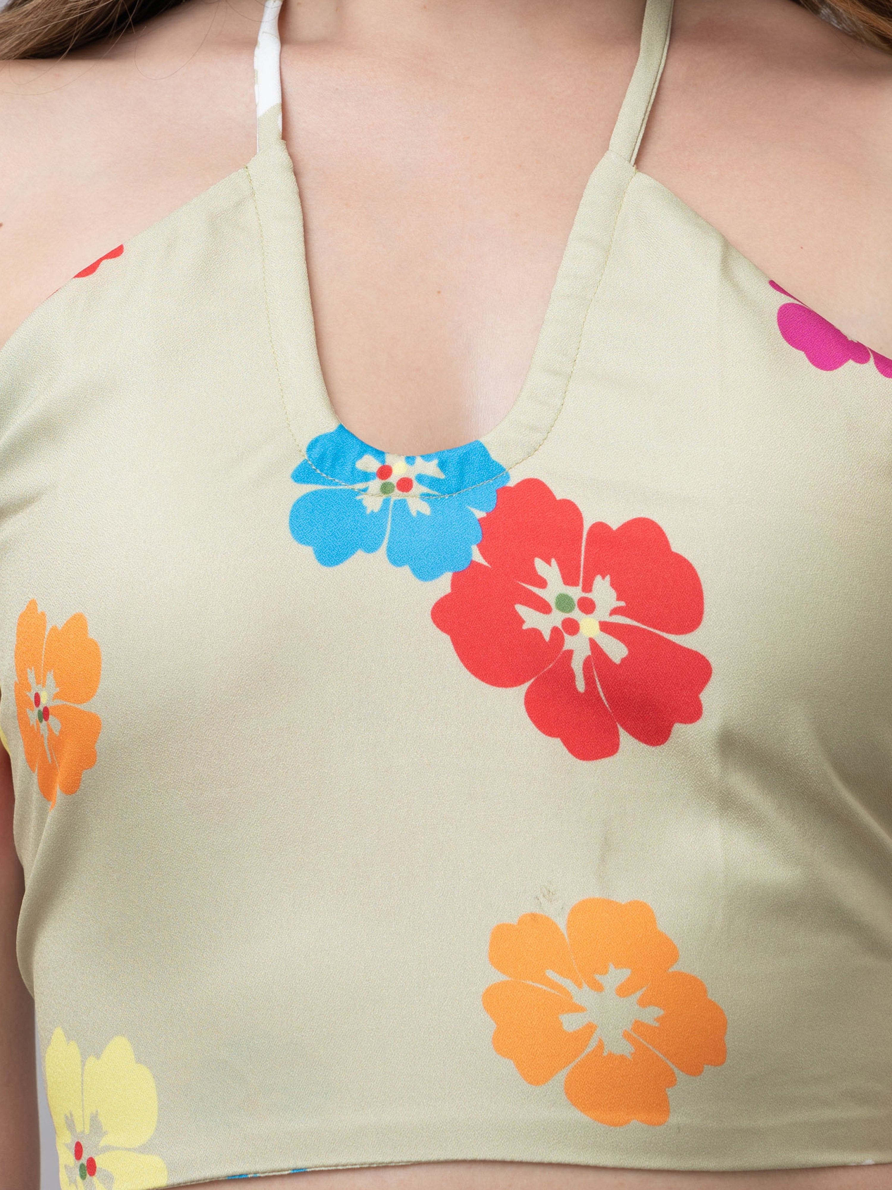 CK Kaia Beige Multicolor Floral Halter Crop Top