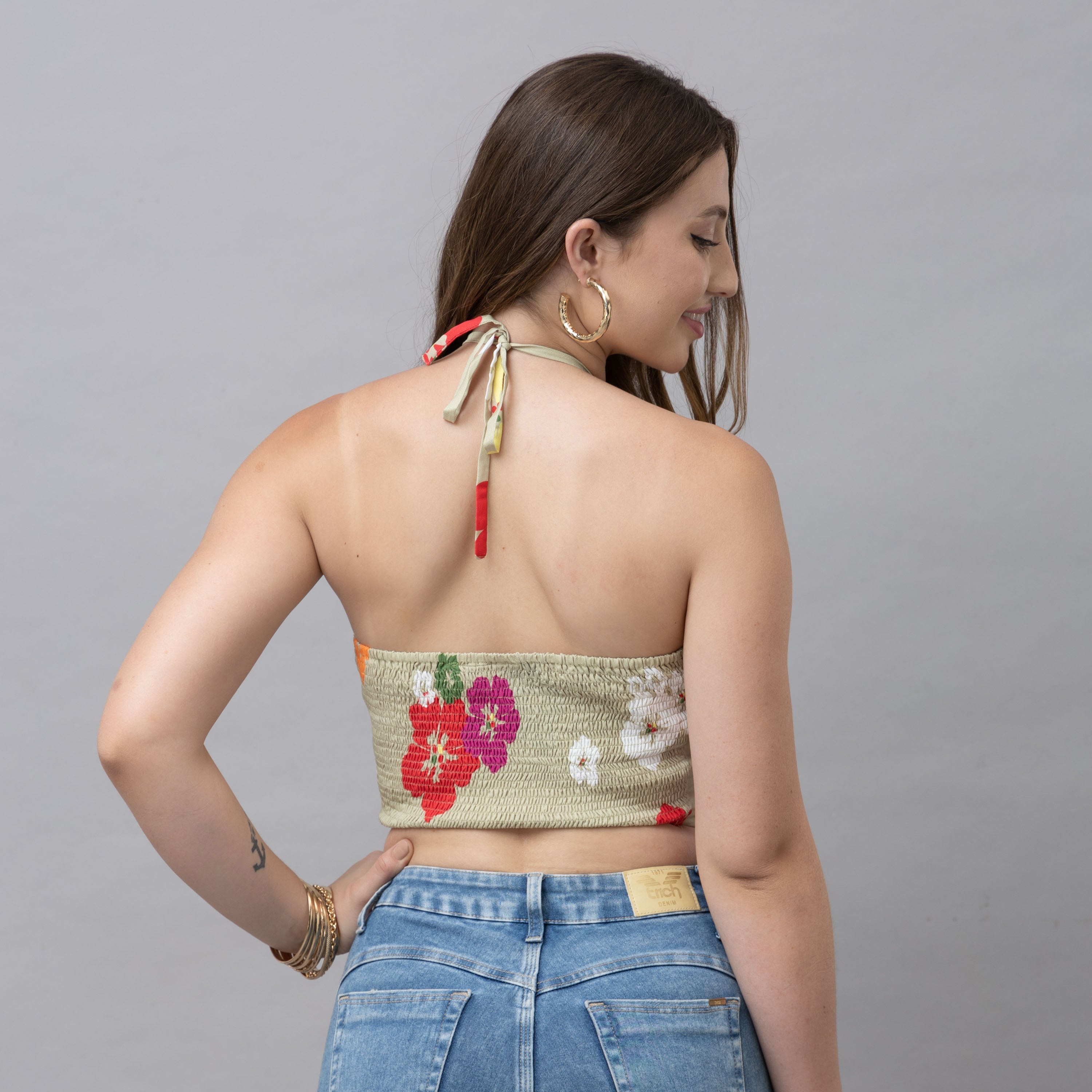 CK Kaia Beige Multicolor Floral Halter Crop Top