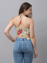 CK Kaia Beige Multicolor Floral Halter Crop Top