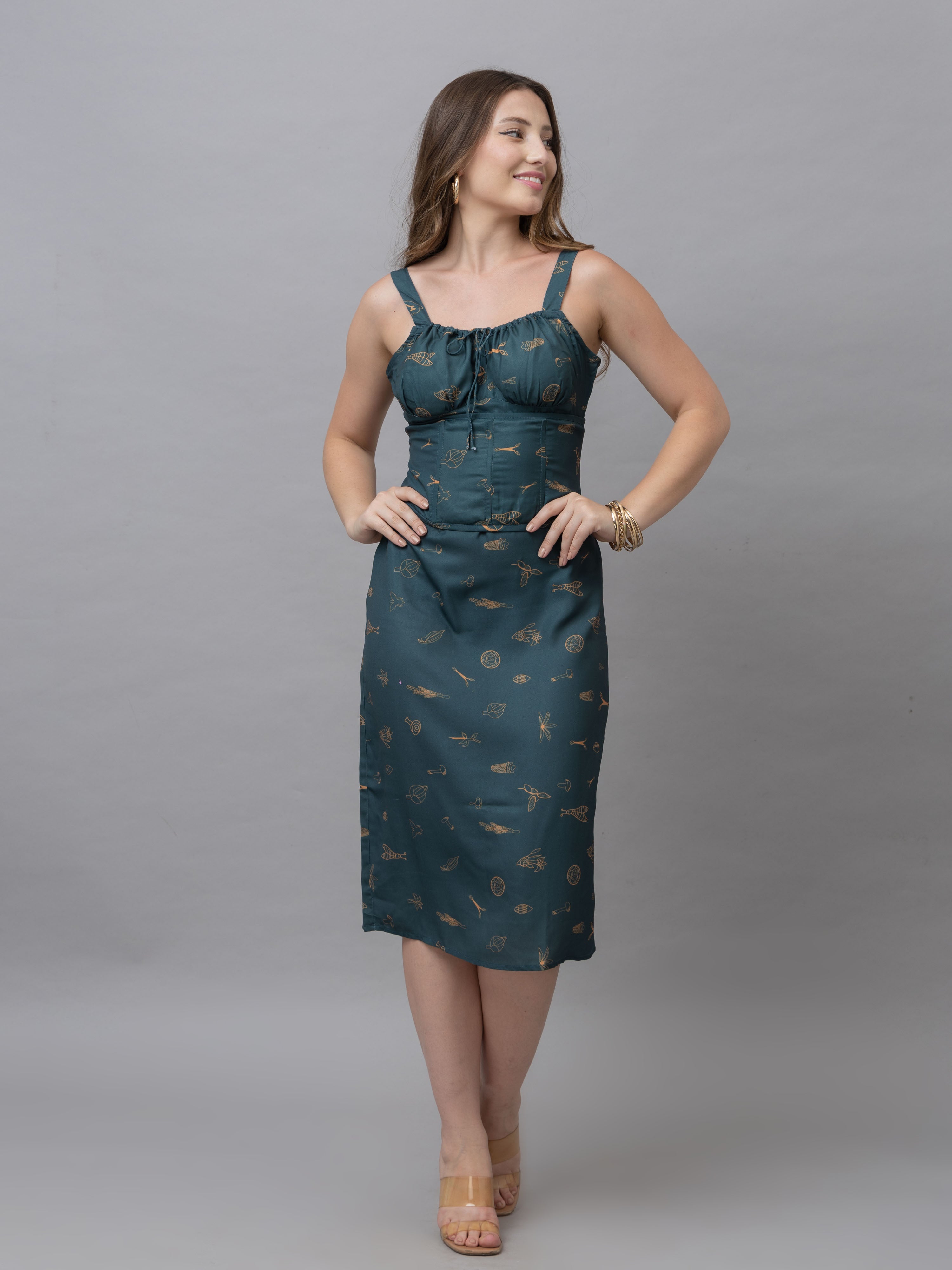 CK Green Abstract Print Corset Midi Dress