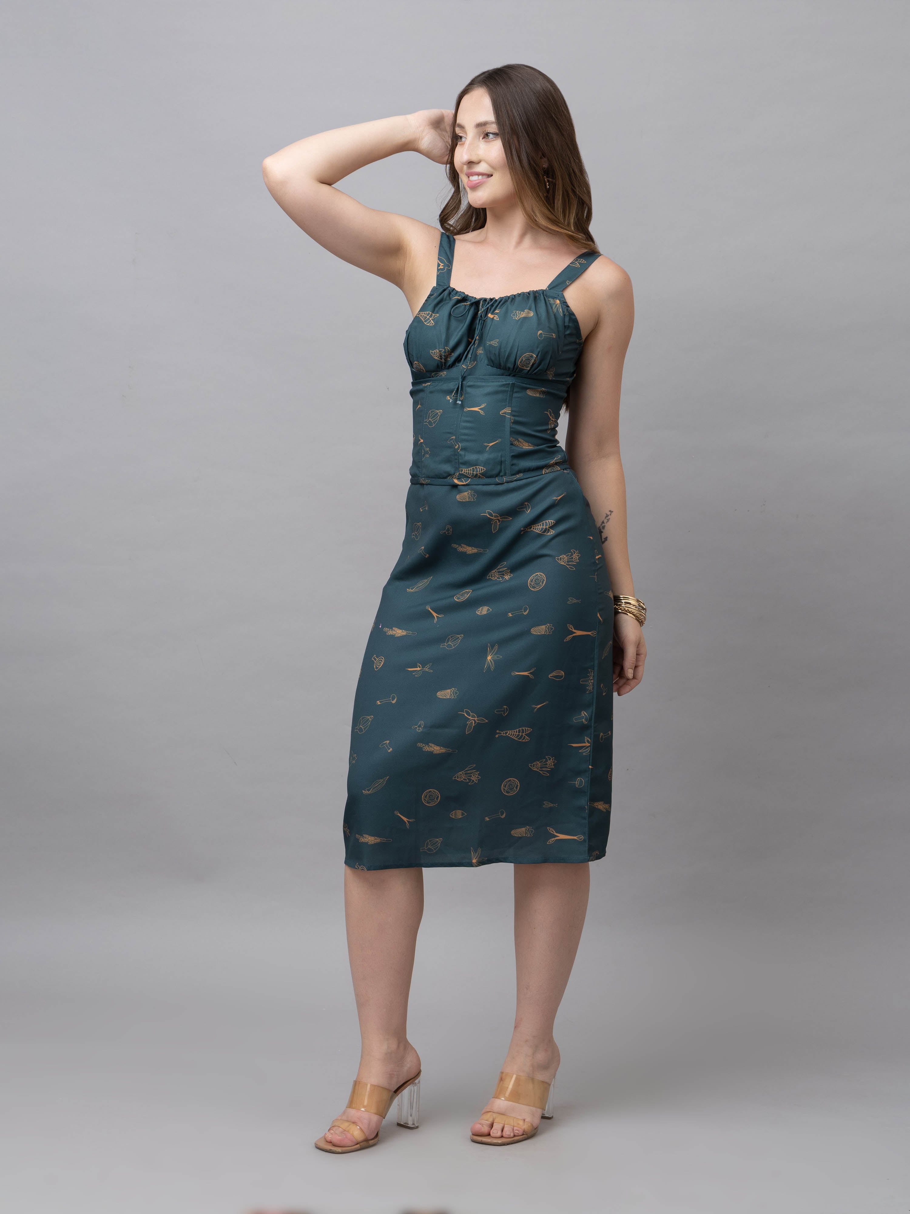 CK Green Abstract Print Corset Midi Dress