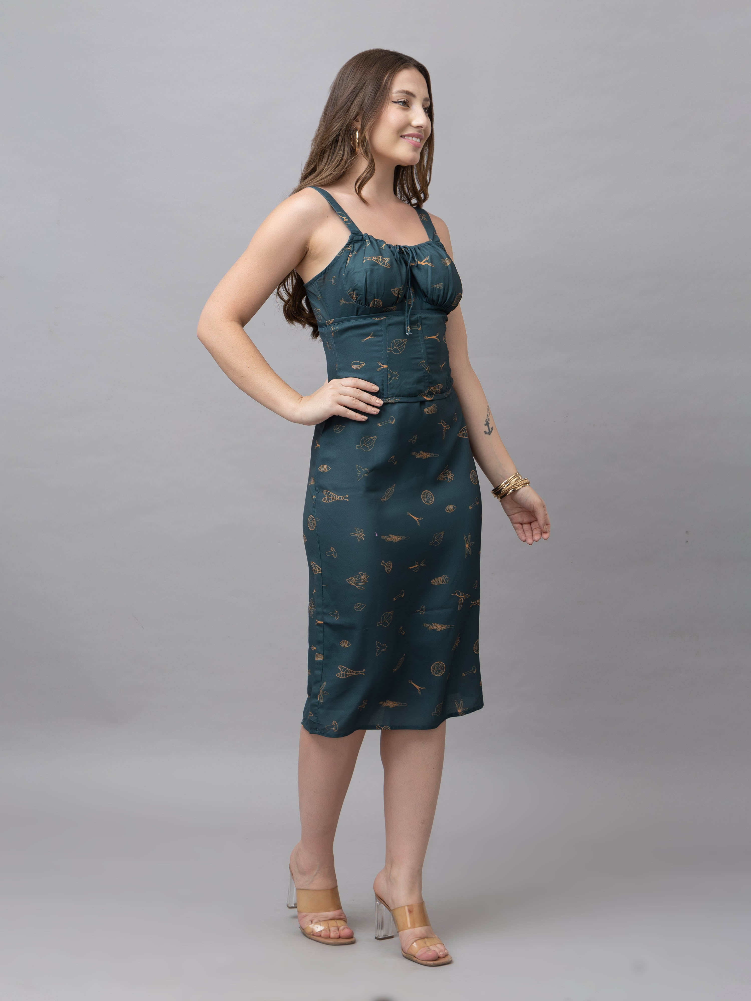 CK Green Abstract Print Corset Midi Dress