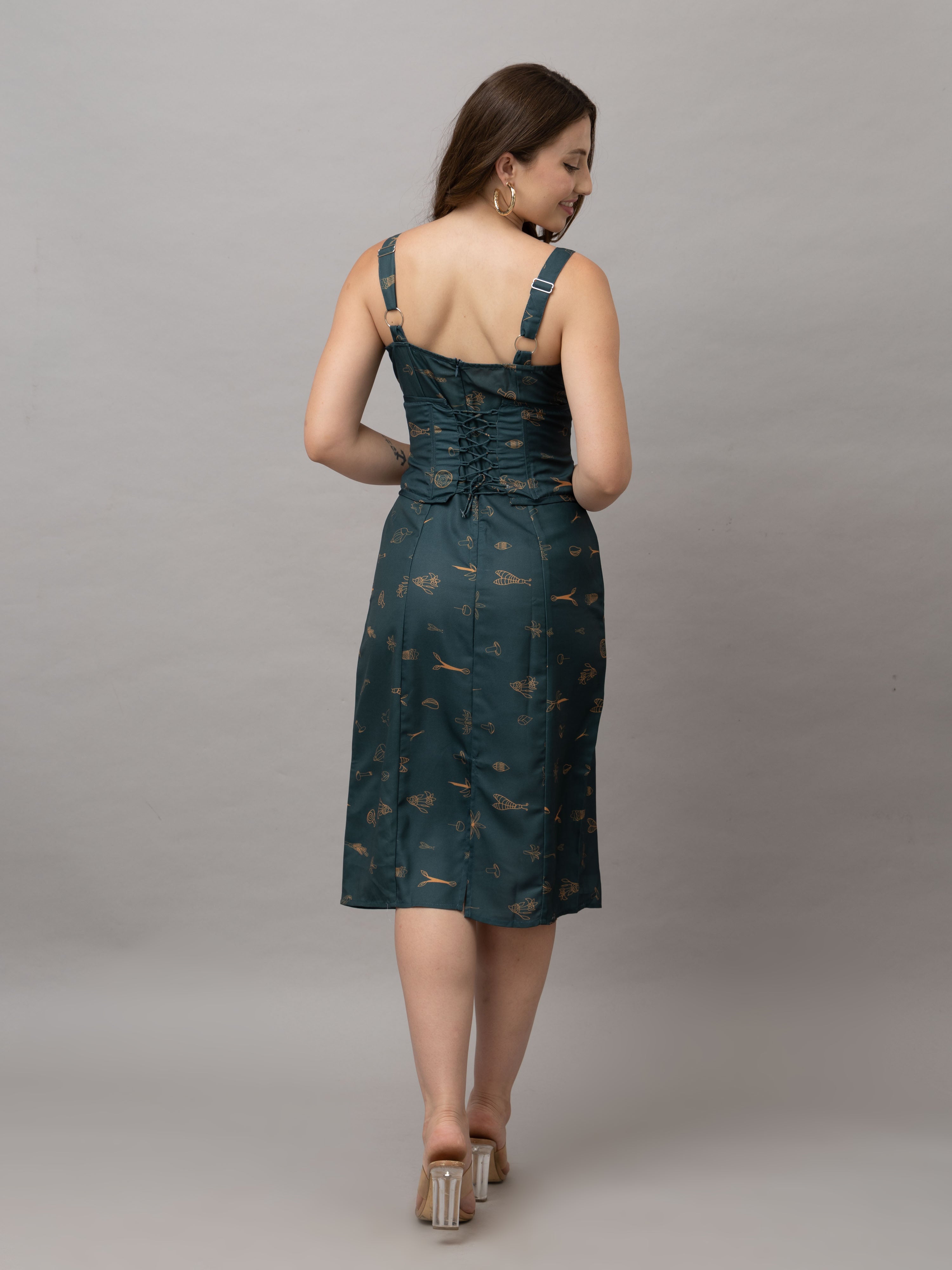 CK Green Abstract Print Corset Midi Dress