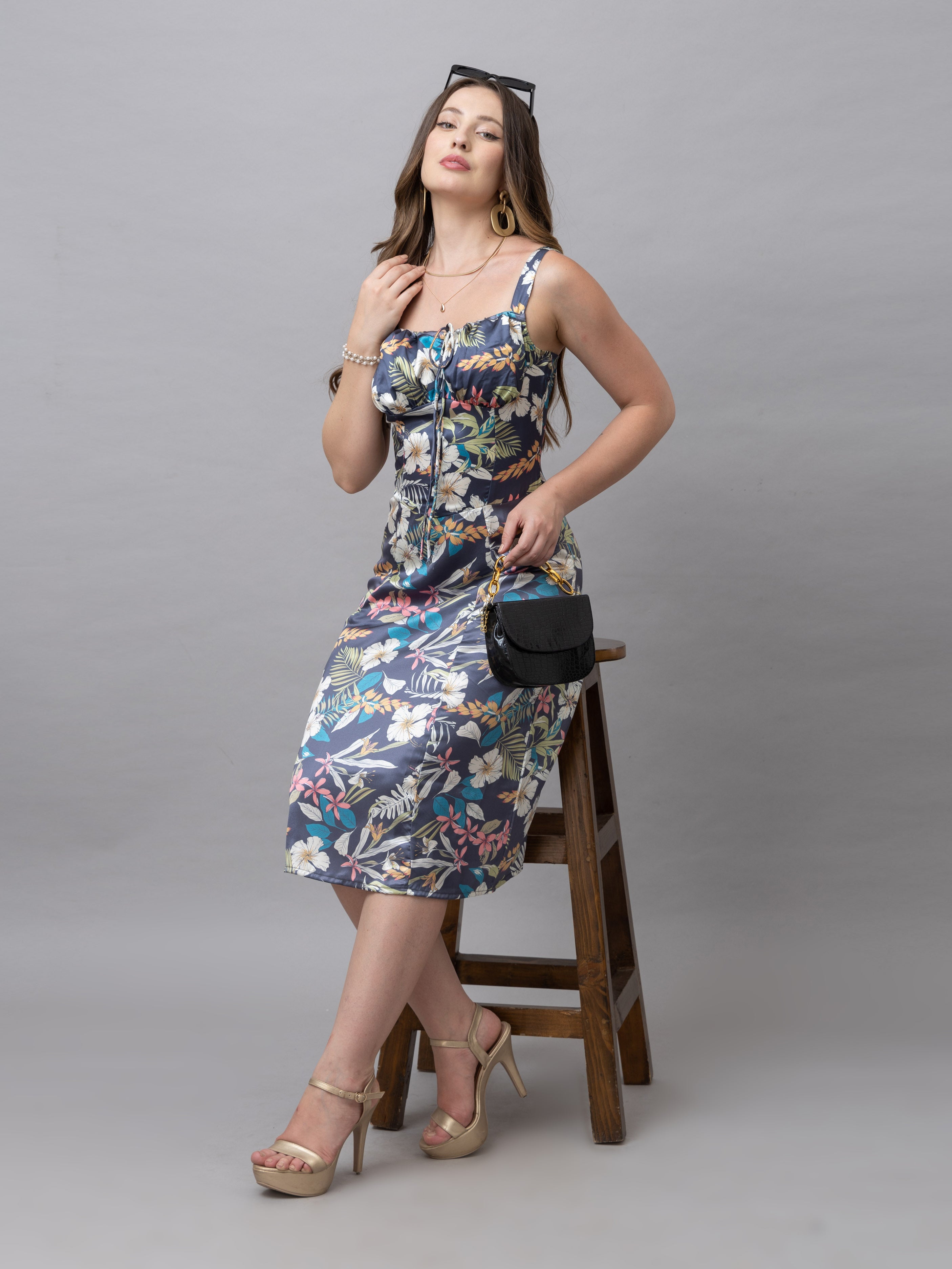 CK Grey Tropical Print Corset Midi Dress