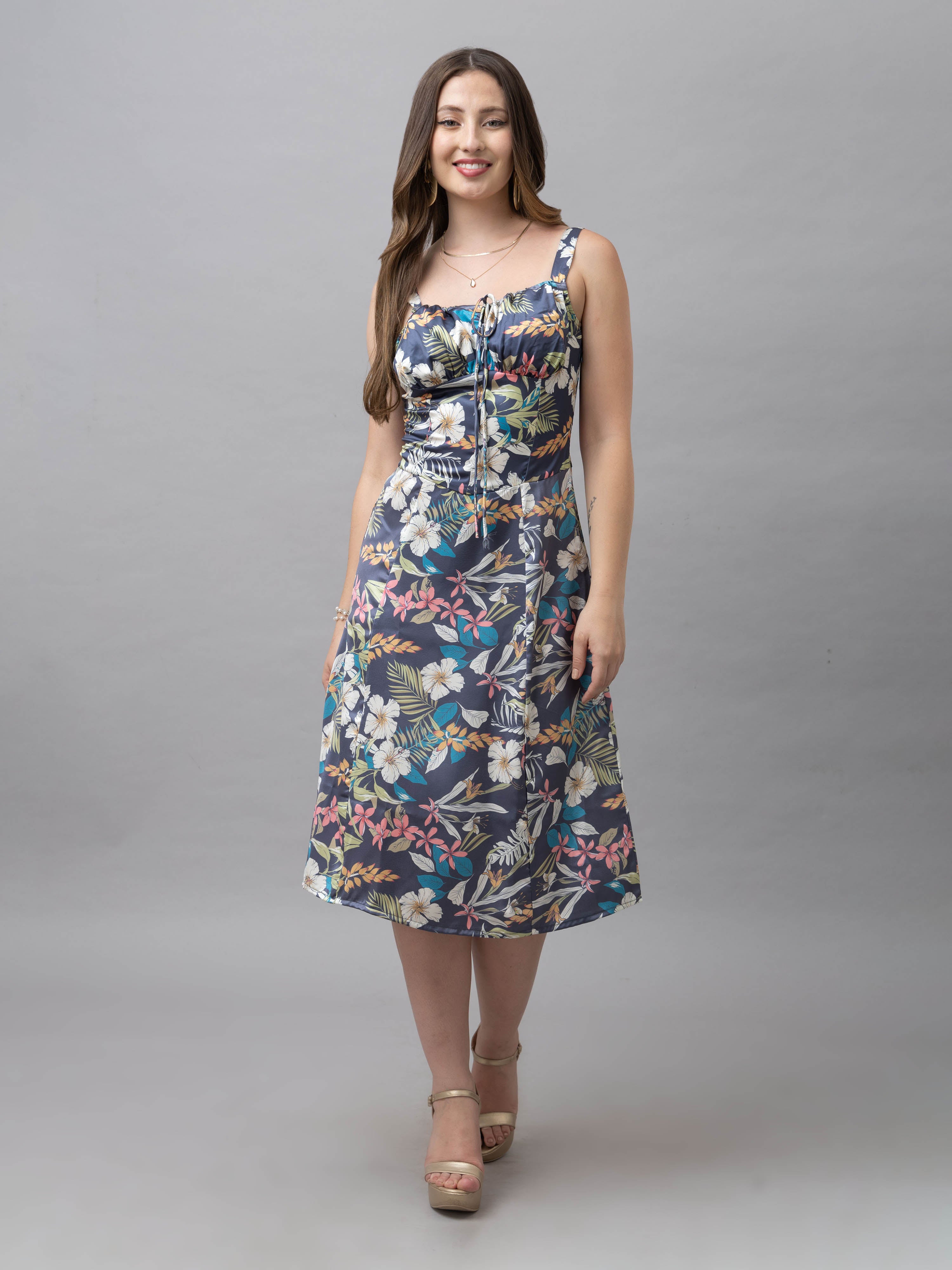 CK Grey Tropical Print Corset Midi Dress